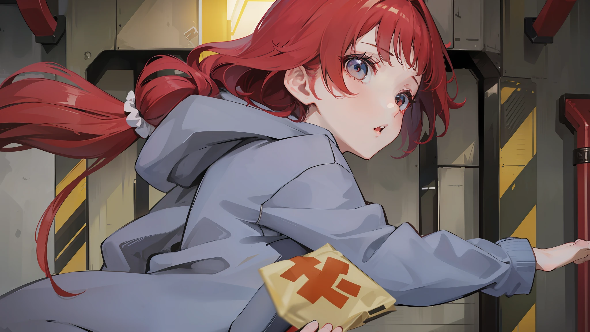 She's a little petite and、、It has a slender physique. She has long red curly hair and a scrunchie behind her. She wears denim hot pants、I'm wearing a gray hoodie, Her feet are barefoot、time々I'm wearing flip flops.