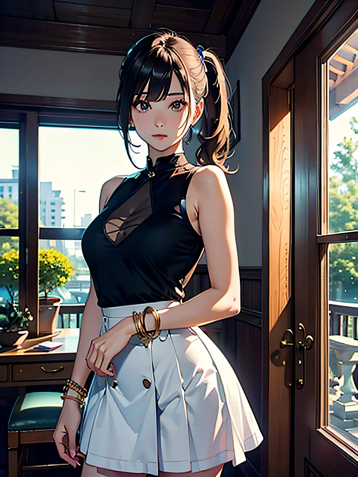 Works of masters,Best image quality,Higher quality,high detal,超高分辨率,8K分辨率,bust,telephoto lenses,exquisite facial features,s the perfect face,Glowing skin,femele,solo person,grieves,long whitr hair,brunette color hair,pony tails,bangle,(a skirt),inside in room,mansion