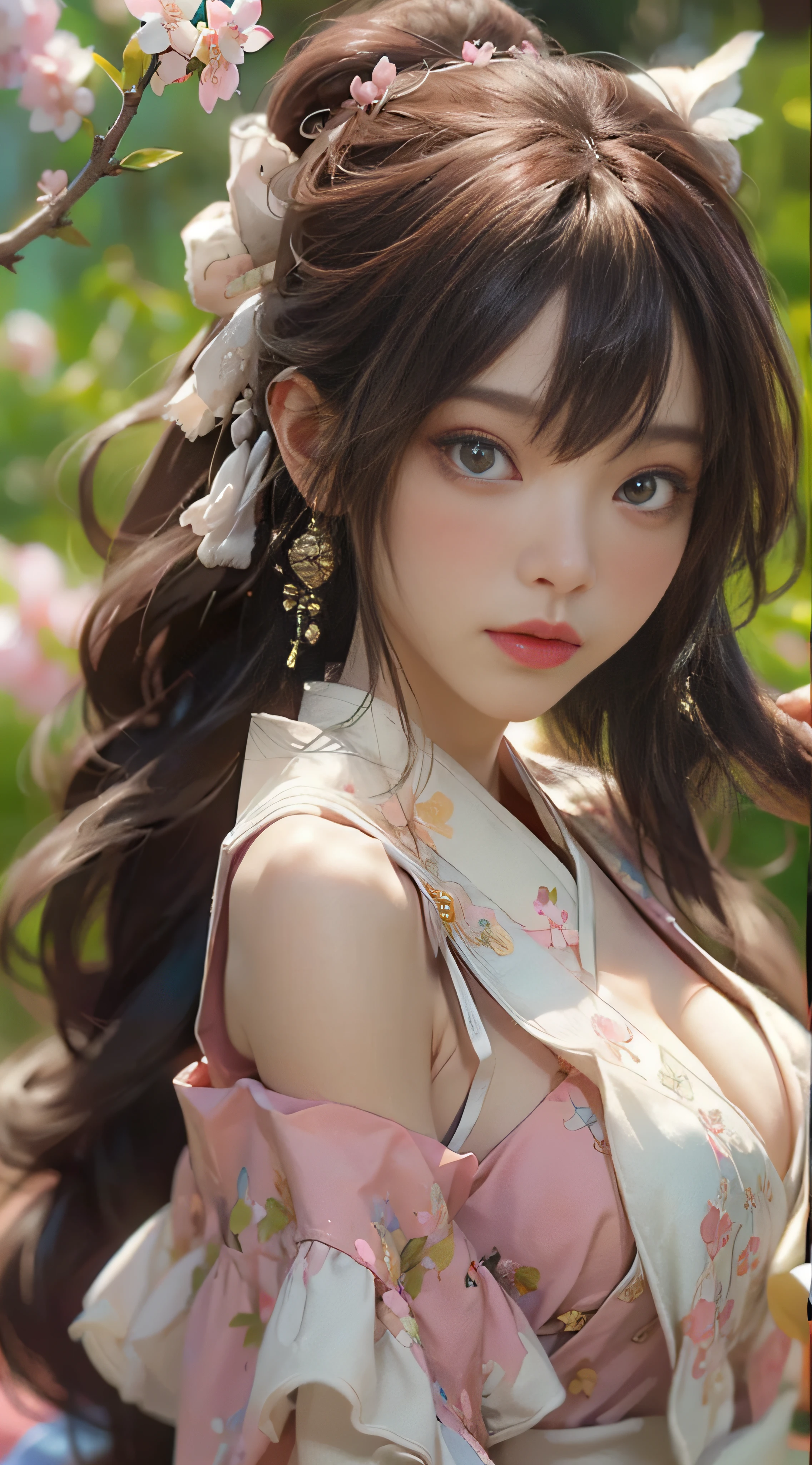 ((best qualtiy)), ((tmasterpiece)), (detail:1.4), 3D, Xiuxian Shu's beautiful female image,hdr(HighDynamicRange),Ray traching,NVIDIA RTX,Hyper-Resolution,illusory 5,sub surface scattering,PBR textures,post-proces,Anisotropy Filtering,depth of fields,maximum definition and sharpness,Many-Layer Textures,Albedo e mapas Speculares,Surface coloring,Mitsu-Accurate simulation of material interactions,perfectly proportioned,rendering by octane,Two-colored light,largeaperture,Low ISO,White balance,Rule three points、8K raw data、beautiful bright pupils,off-the-shoulder clothes,Fine pupils,Delicate face and eyes,long eyelasher,Blushlush,Delicate and fluffy hair,pink lip,Pure,Cute big breasts,Sweet girl,Artistic sense,Casual wear,Advancedsense,butterflys,Cherry blossom petal,Beautiful hair accessories,Hair fluttering in the wind