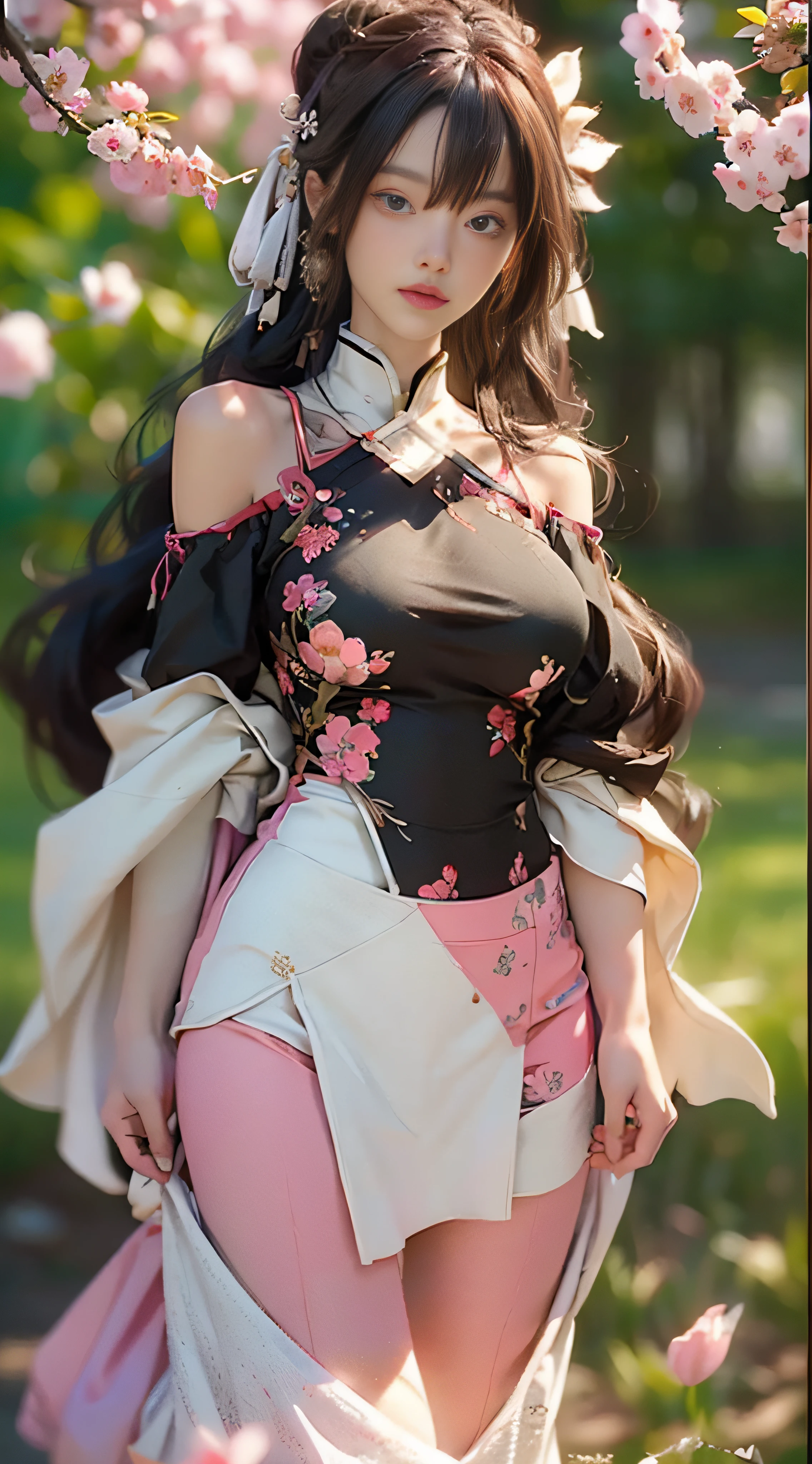 ((best qualtiy)), ((tmasterpiece)), (detail:1.4), 3D, Xiuxian Shu's beautiful female image,hdr(HighDynamicRange),Ray traching,NVIDIA RTX,Hyper-Resolution,illusory 5,sub surface scattering,PBR textures,post-proces,Anisotropy Filtering,depth of fields,maximum definition and sharpness,Many-Layer Textures,Albedo e mapas Speculares,Surface coloring,Mitsu-Accurate simulation of material interactions,perfectly proportioned,rendering by octane,Two-colored light,largeaperture,Low ISO,White balance,Rule three points、8K raw data、beautiful bright pupils,off-the-shoulder clothes,Fine pupils,Delicate face and eyes,long eyelasher,Blushlush,Delicate and fluffy hair,pink lip,Pure,Cute big breasts,Sweet girl,Artistic sense,Casual wear,Advancedsense,butterflys,Cherry blossom petal,Beautiful hair accessories,Hair fluttering in the wind