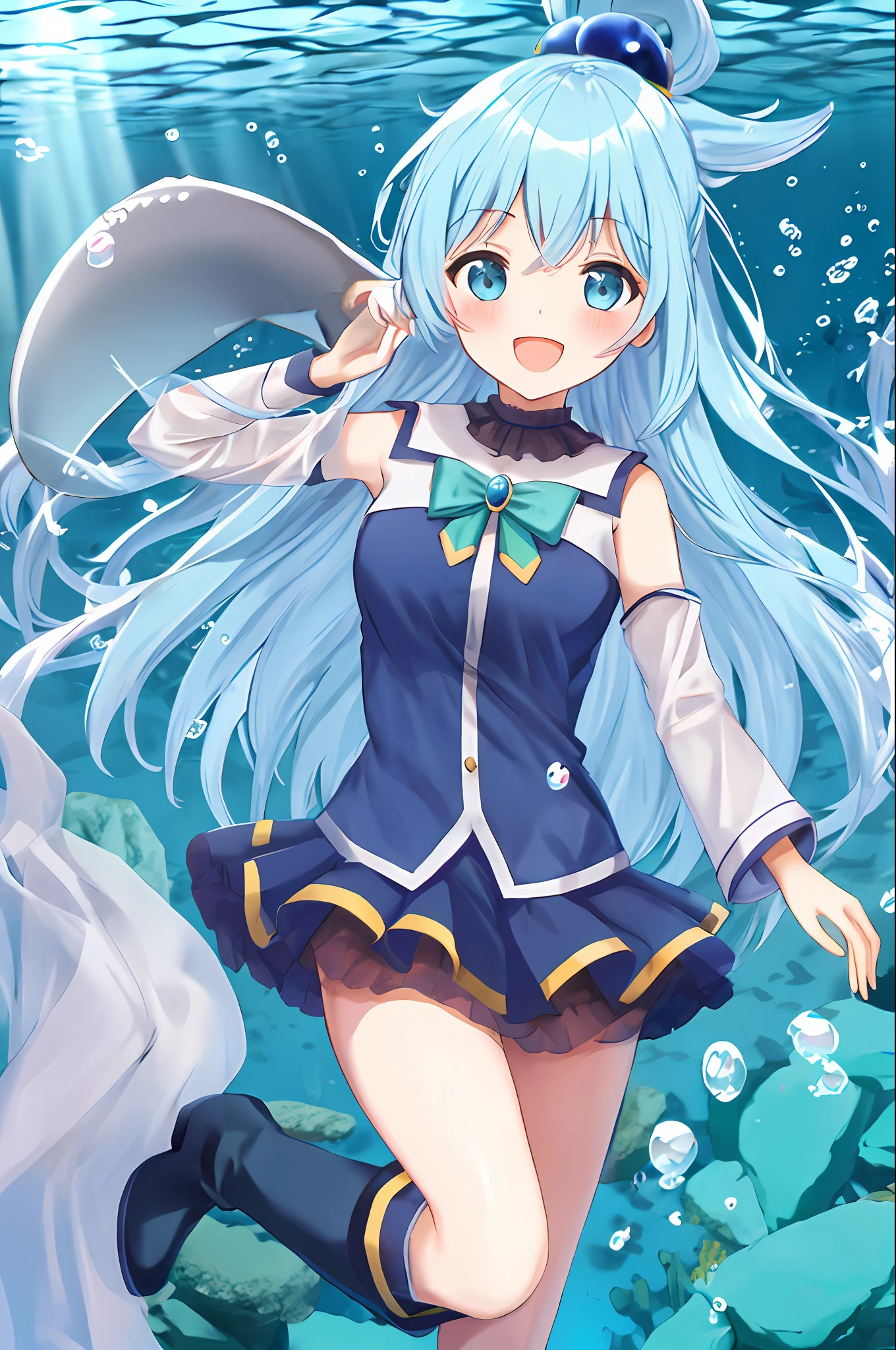 aqua \(konosuba\), estilo mksks, (fundo muito detalhado:1.0), (fundo altamente detalhado:1.0), obra-prima, melhor qualidade, (1girl), solo, flutuando, swimming, (oceano: 2), olhos azuis, blue footwear, cabelo azul, coxas azuis, blush, botas, seios, bolha, mangas destacadas, ornamento de cabelo, hair rings, perna para cima, cabelo longo, olhando para o espectador, middlebreasts, hand open, single hair ring, saia, sorriso, solo,  botas de coxa, coxas, cabelos muito longos, (deep underwater:1.2), chromatic aberration, profundidade de campo, soft-lighting, (peixe pequeno:1.2), coxas brancas, kono subarashii sekai ni shukufuku wo!, Shark.