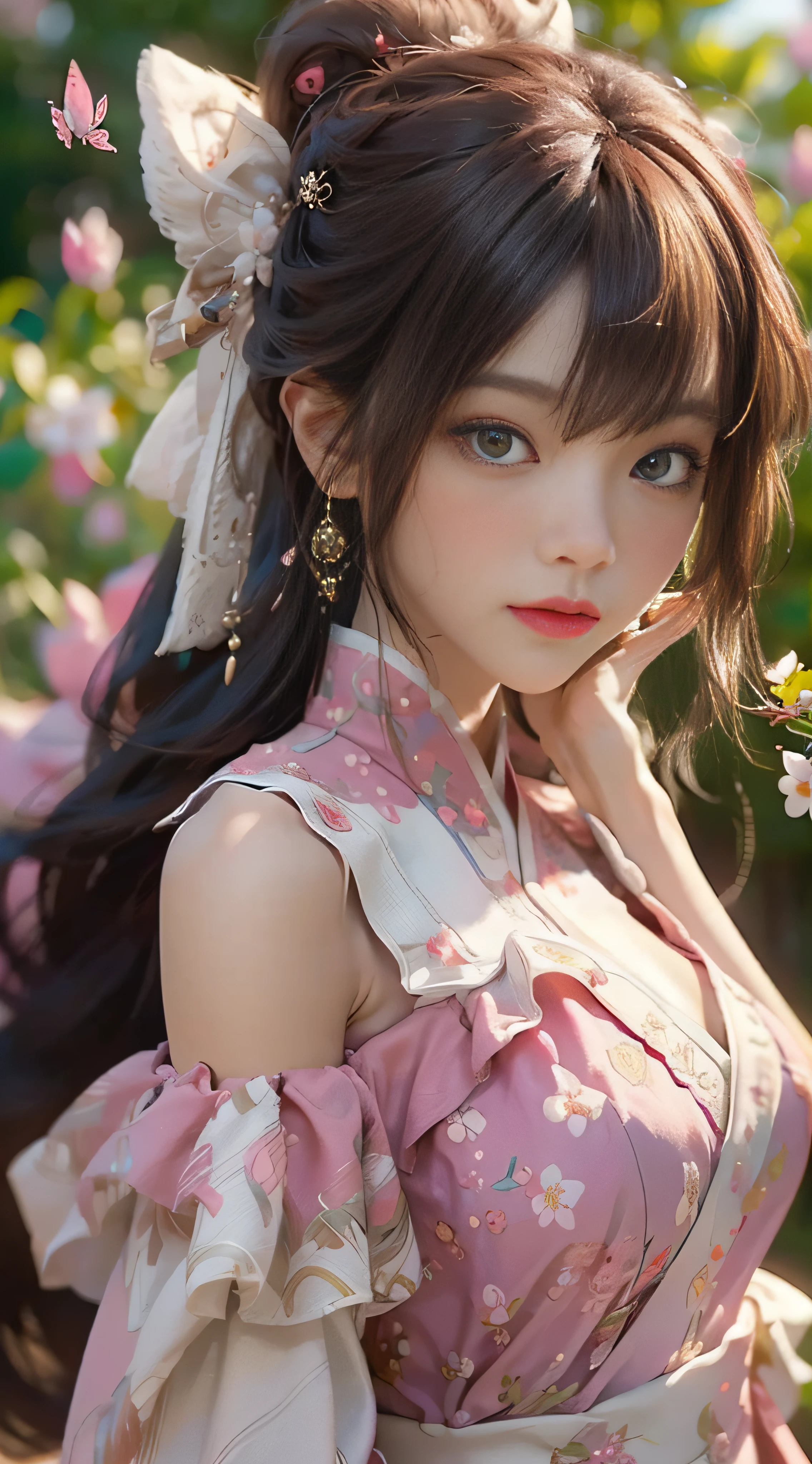 ((best qualtiy)), ((tmasterpiece)), (detail:1.4), 3D, Beautiful female image of Xiuxian Shu,hdr(HighDynamicRange),Ray traching,NVIDIA RTX,Hyper-Resolution,illusory 5,sub surface scattering,PBR textures,post-proces,Anisotropy Filtering,depth of fields,maximum definition and sharpness,Many-Layer Textures,Albedo e mapas Speculares,Surface coloring,Mitsu-Accurate simulation of material interactions,perfectly proportioned,rendering by octane,Two-colored light,largeaperture,Low ISO,White balance,Rule three points、8K raw data、beautiful bright pupils,off-the-shoulder clothes,Fine pupils,Delicate face and eyes,long eyelasher,Blushlush,Delicate and fluffy hair,pink lip,Pure,Cute big breasts,Sweet girl,Artistic sense,Casual wear,Advancedsense,butterflys,Cherry blossom petal,Beautiful hair accessories,Hair fluttering in the wind