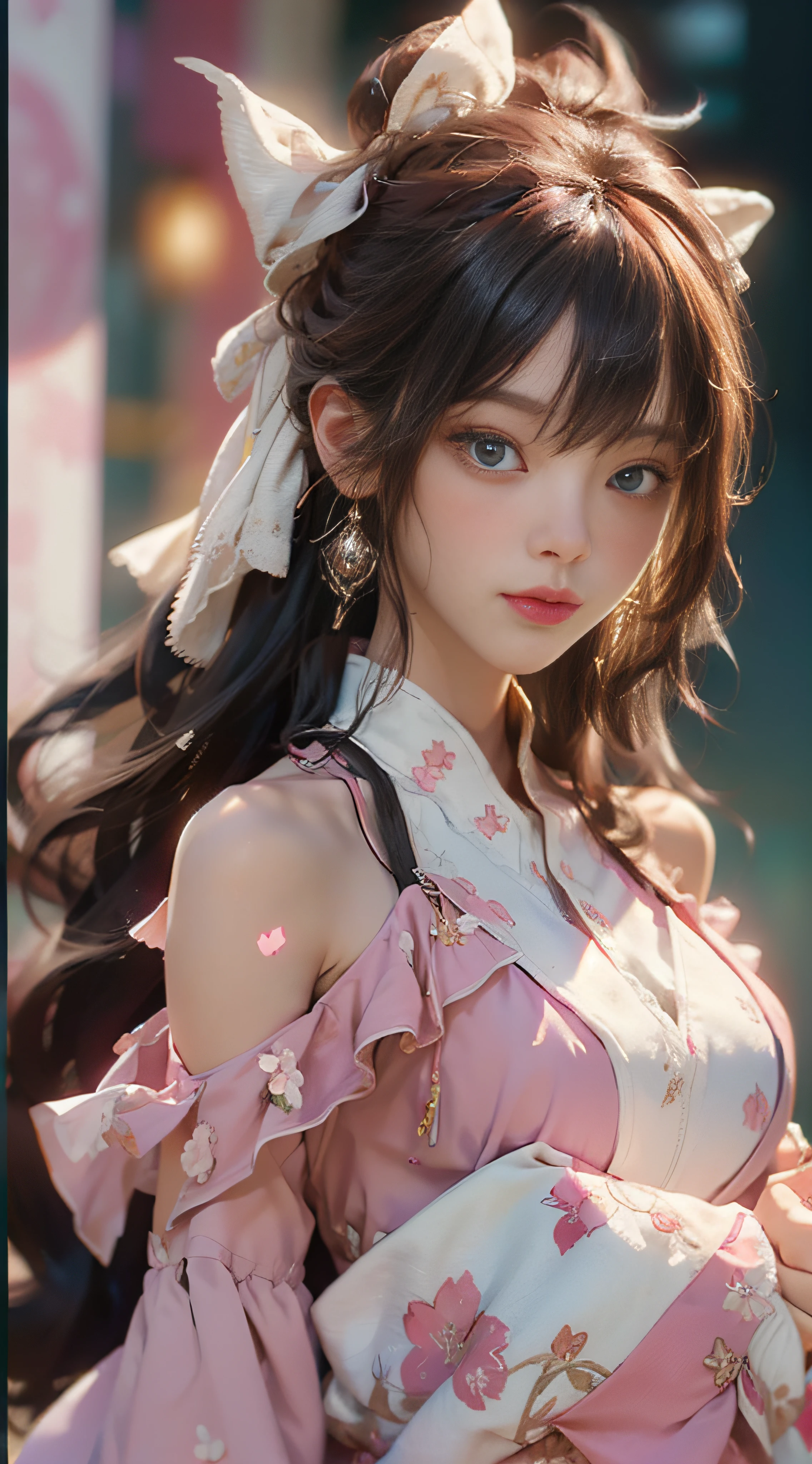 ((best qualtiy)), ((tmasterpiece)), (Detail:1.4), 3D, Beautiful cyberpunk female images,hdr(HighDynamicRange),Ray traching,NVIDIA RTX,Hyper-Resolution,illusory 5,sub surface scattering,PBR textures,post-proces,Anisotropy Filtering,depth of fields,maximum definition and sharpness,Many-Layer Textures,Albedo e mapas Speculares,Surface Coloring,Mitsu-Accurate simulation of material interactions,perfectly proportioned,rendering by octane,Two-colored light,largeaperture,Low ISO,White balance,Rule three points、8K raw data、Beautiful bright blue pupils,off-the-shoulder clothes,Fine pupils,Delicate face and eyes,long eyelasher,Blushlush,Delicate and fluffy hair,pink lip,Pure,cute big breasts,Sweet girl,Artistic sense,Casual wear,Advancedsense,butterflys,Cherry blossom petal,Beautiful hair accessories,Long hair and waist,Hair fluttering in the wind