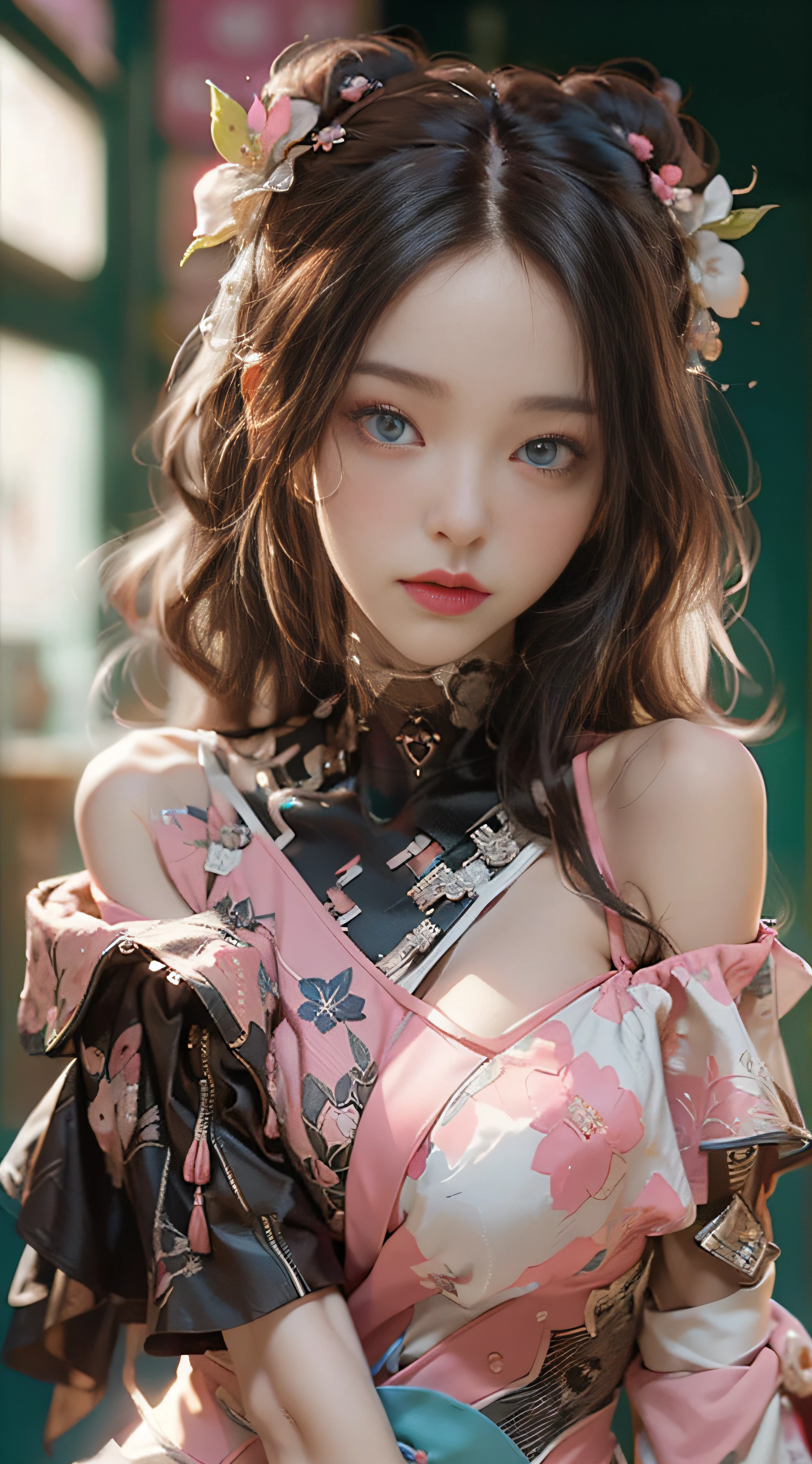 （（best qualtiy））， （（tmasterpiece））， （Detail：1.4）， 3D， Beautiful cyberpunk female images，hdr（HighDynamicRange），Ray traching，NVIDIA RTX，Hyper-Resolution，illusory 5，sub surface scattering，PBR textures，post-proces，Anisotropy Filtering，depth of fields，maximum definition and sharpness，Many-Layer Textures，Albedo e mapas Speculares，Surface Coloring，Mitsu-Accurate simulation of material interactions，perfectly proportioned，rendering by octane，Two-colored light，largeaperture，Low ISO，White balance，Rule three points、8K raw data、Beautiful bright blue pupils，off-the-shoulder clothes，Fine pupils，Delicate face and eyes，long eyelasher，Blushlush，Delicate and fluffy hair，pink lip，Pure，cute big breasts，Sweet girl，Artistic sense，Casual wear，Advancedsense，butterflys，Cherry blossom petal，Beautiful hair accessories，Long hair and waist，Hair fluttering in the wind