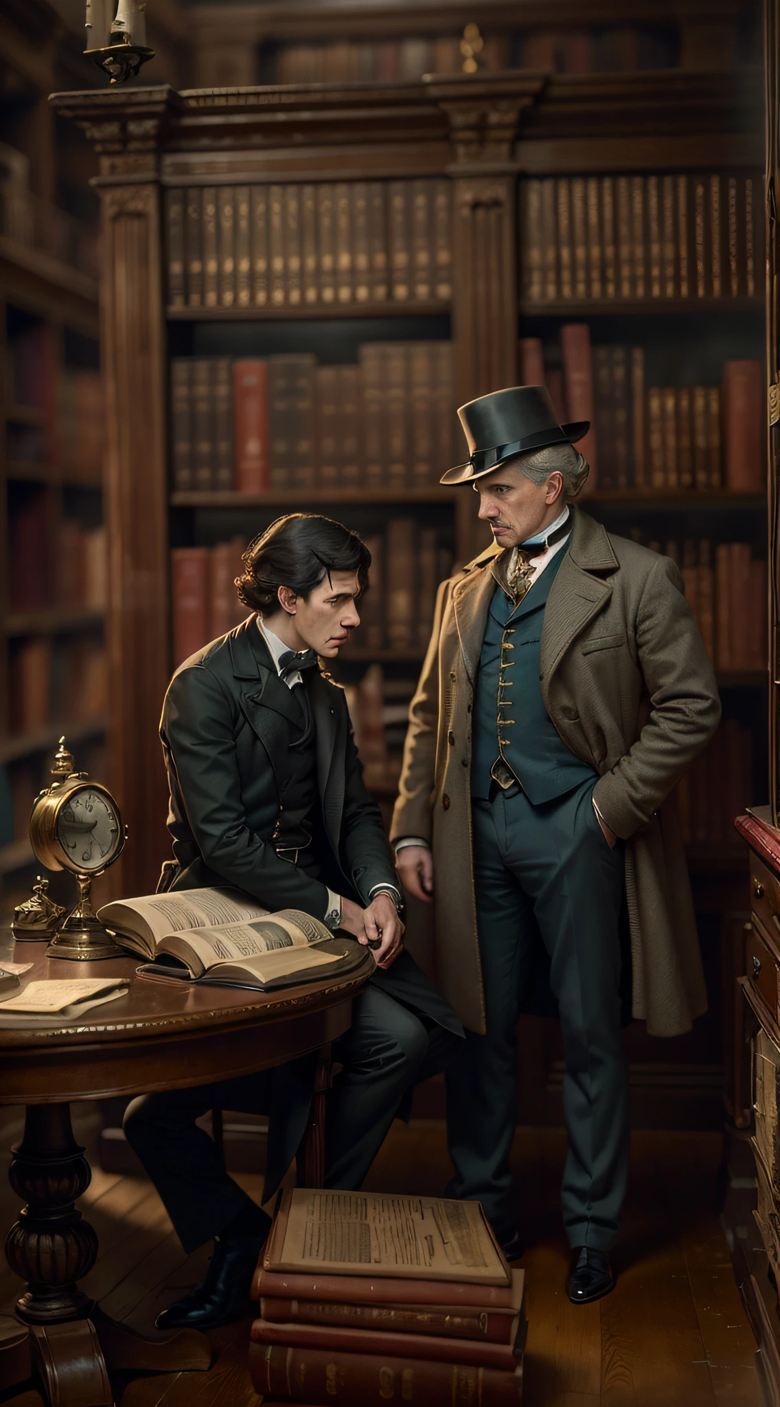 Sherlock Holmes y el Dr.. Watson, in a Victorian-era library, foto realista, ocre, colores azulados, Mysterious atmosphere, foto realista, Super detailed, a high definition, alta calidad.