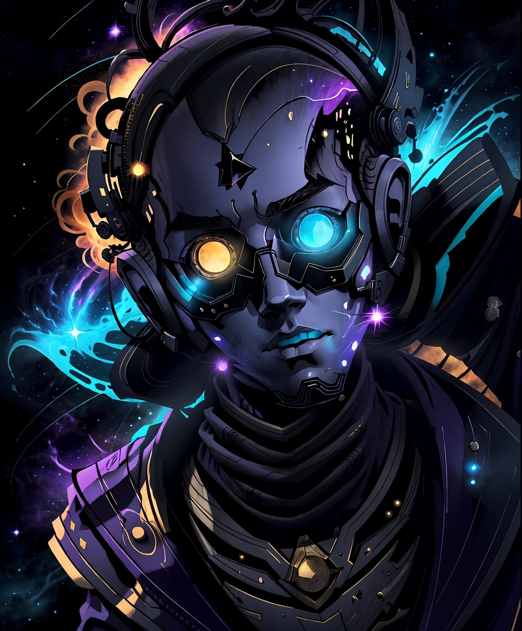in the style of 0mib. handsome cosmic man god, dramatic, surreal, stars, galaxy, nebula, color scheme blue purple black, digital painting, overdetailed, best quality, soft lighting,
