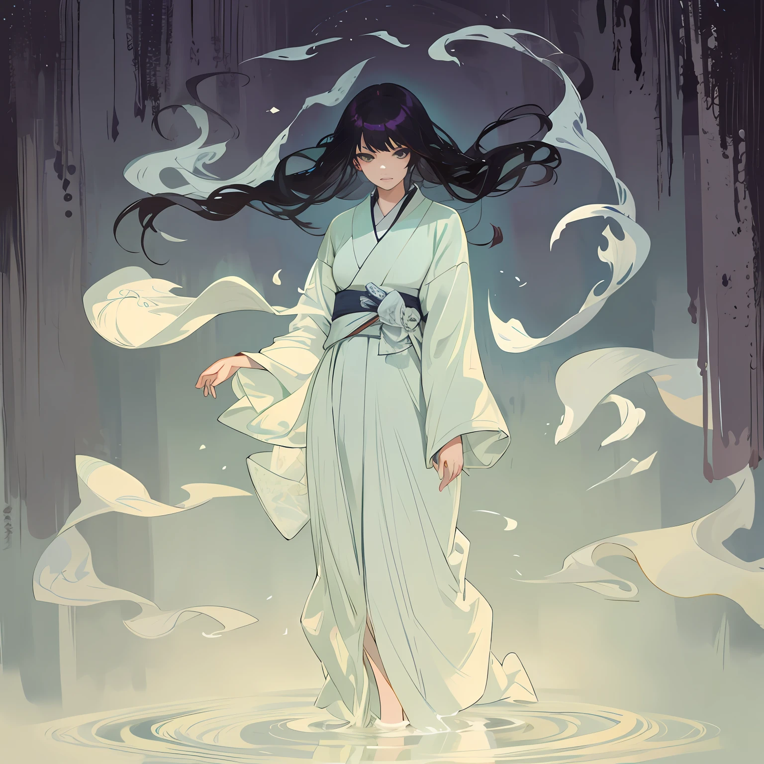 Anime ghost girl with long black hair and pale human soul flying around in white kimono,pale skin, Flowing white kimono, Willow and lake surface at night,anime girl walking on water, Kimono with long hair, Flowing magic kimono, Wear a flowing kimono, a beautiful artwork illustration, Ghost Girl, ethereal anime, Flowing kimono, palatial palace , Japanese style girl,