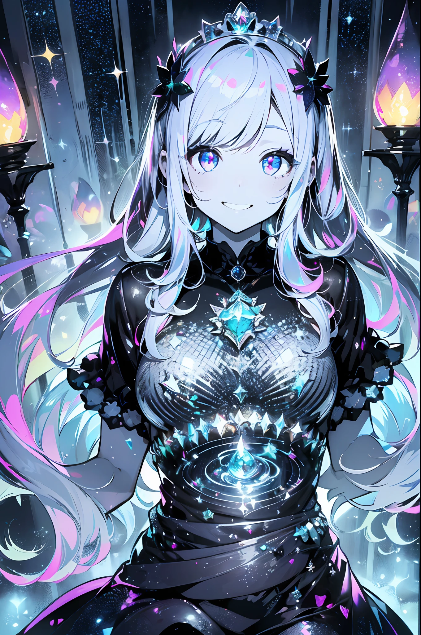 glowing gemstones.the royal palace.Princess.A charming smile、Glittering decoration、Shimmering decoration、tiarra、Shines、kirakira、Pedras preciosas、((high contrast RGB effect, LED effect, kaleidoscope effect, shining effect, ripple effect, glitter RGB effect))