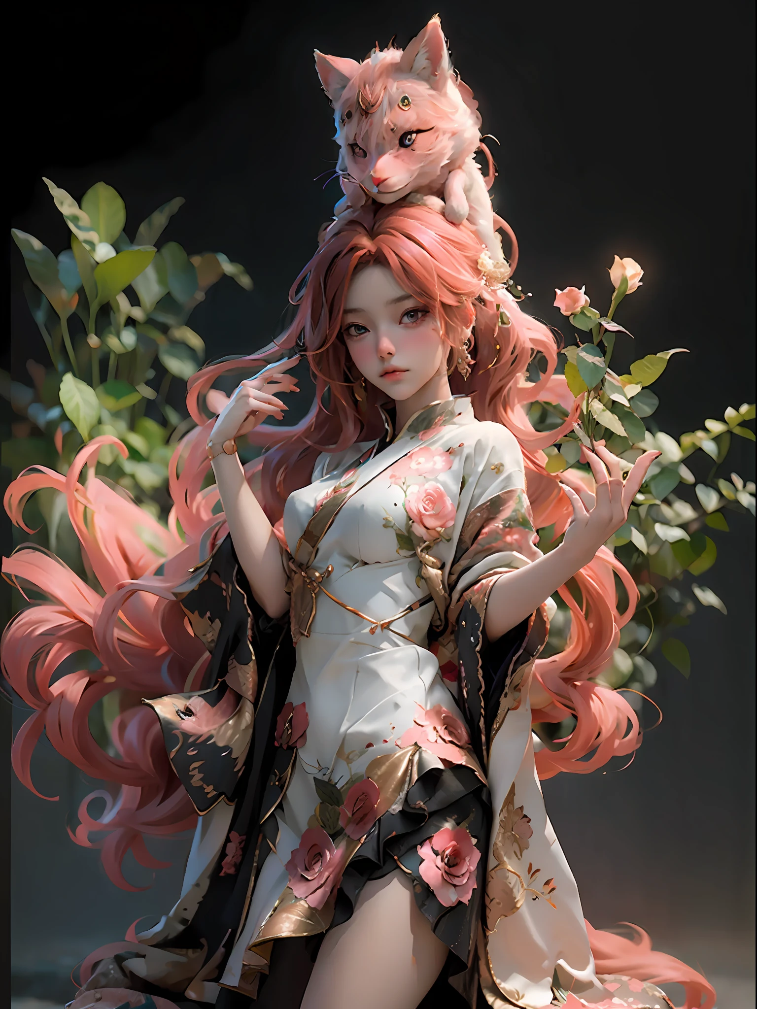 **rose marble throne, gold and peach kitsune princess. :: CGI monodirectional lighting, chiaroscuro, dramatic contrast --style expressive --niji 5 --s 180