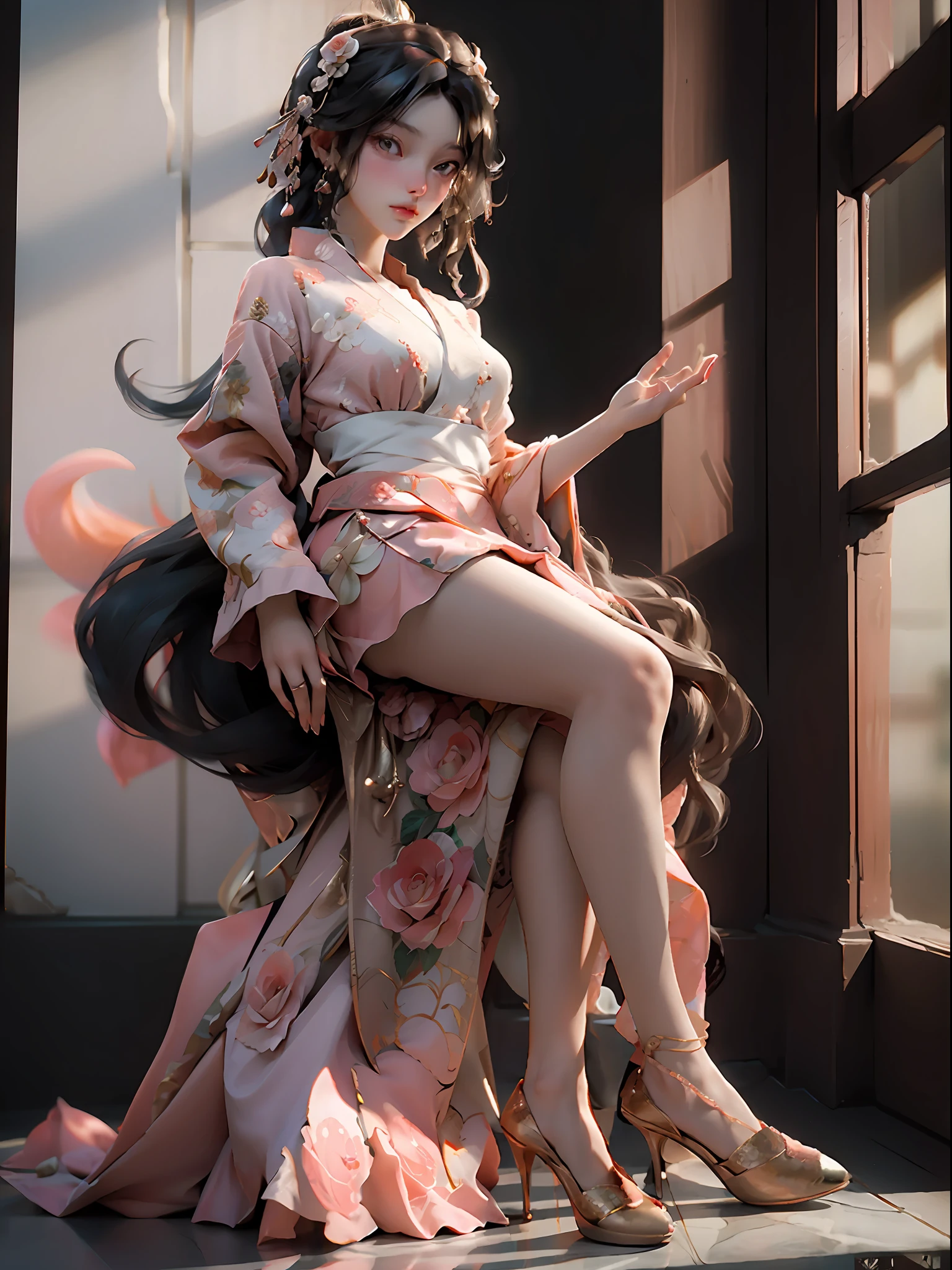**rose marble throne, gold and peach kitsune princess. :: CGI monodirectional lighting, chiaroscuro, dramatic contrast --style expressive --niji 5 --s 180