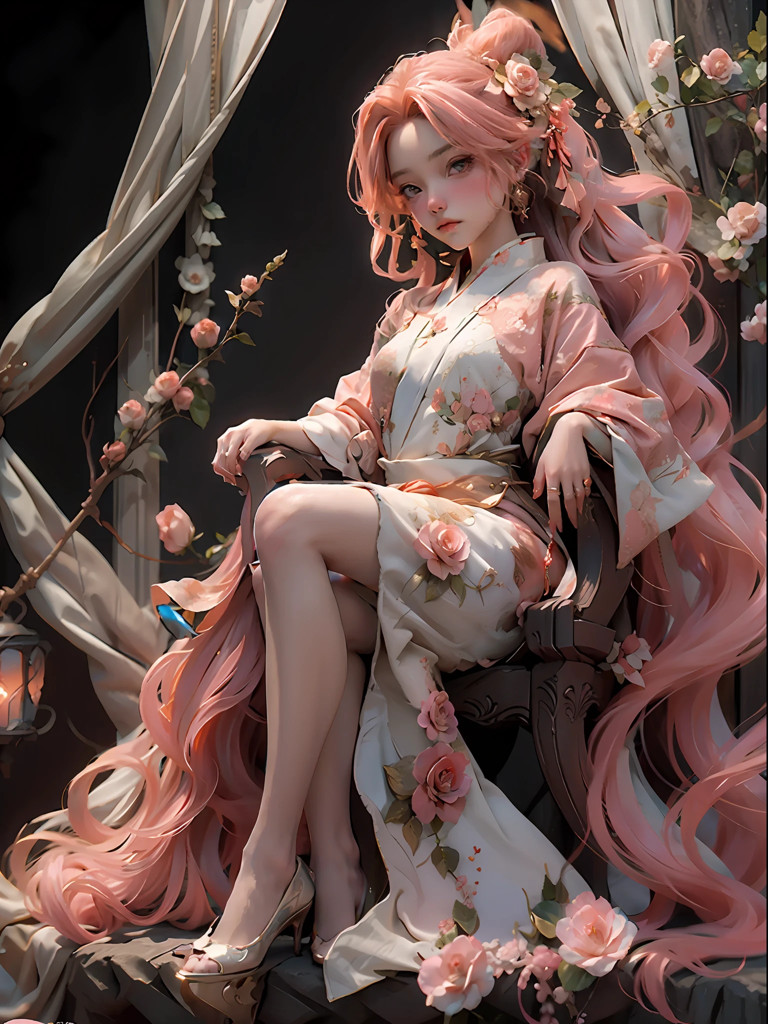**rose marble throne, gold and peach kitsune princess. :: CGI monodirectional lighting, chiaroscuro, dramatic contrast --style expressive --niji 5 --s 180