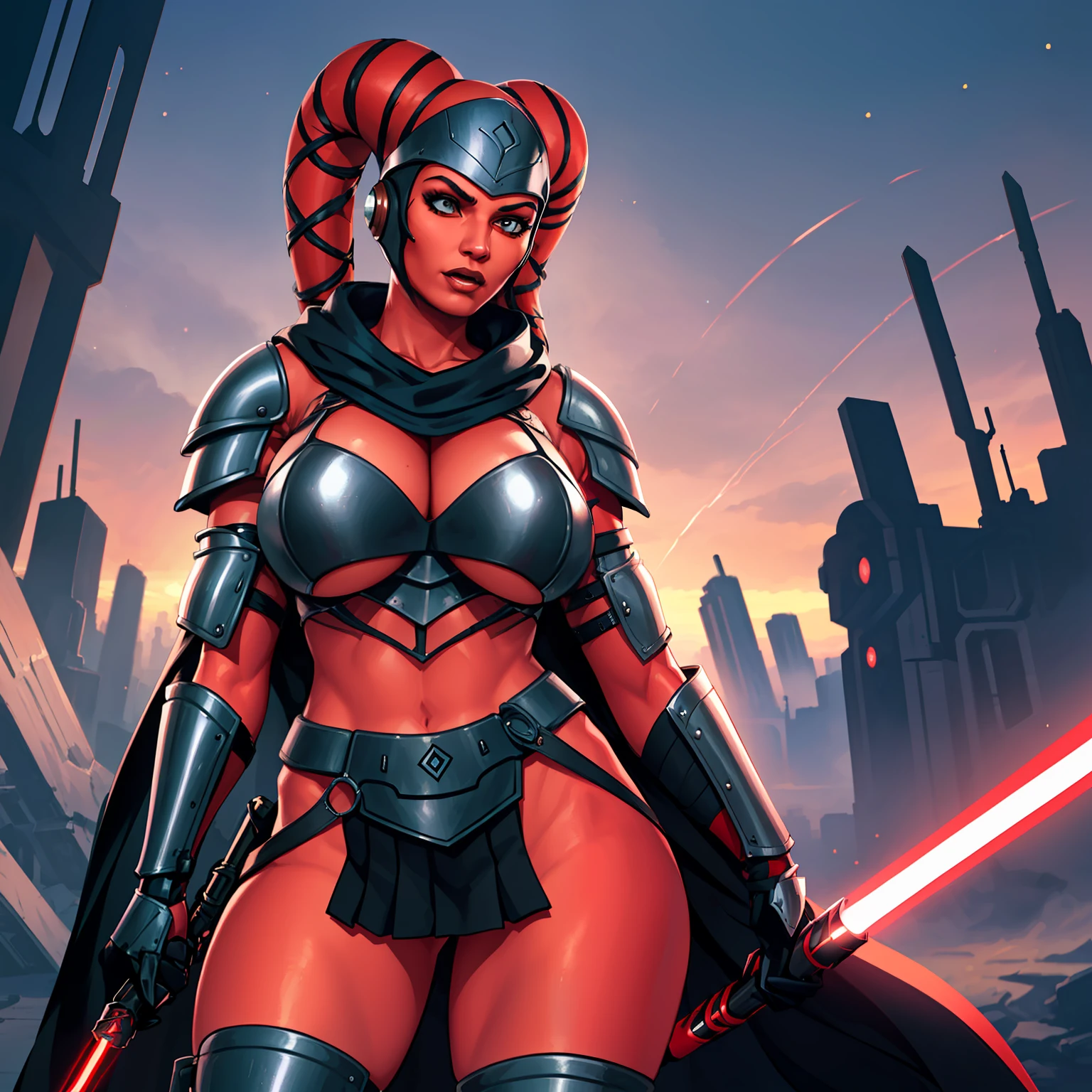 1girl, action scene, fighting, masterpiece, best quality, high-definition, armor, busty, ((red skin), twi'lek), dual red lightsabers, evil space knight, space ninja, (wearing black robes, black stealth armor, breastplate, tunic, tabard, cowl, cloak, body glove, straps, buckles, skirts, long sleeves, fantasy, ((armor)), ((busty)), slender body, thin, slim sexy body, slim waist, ((gigantic breasts))), Imperial starship, Star Wars,