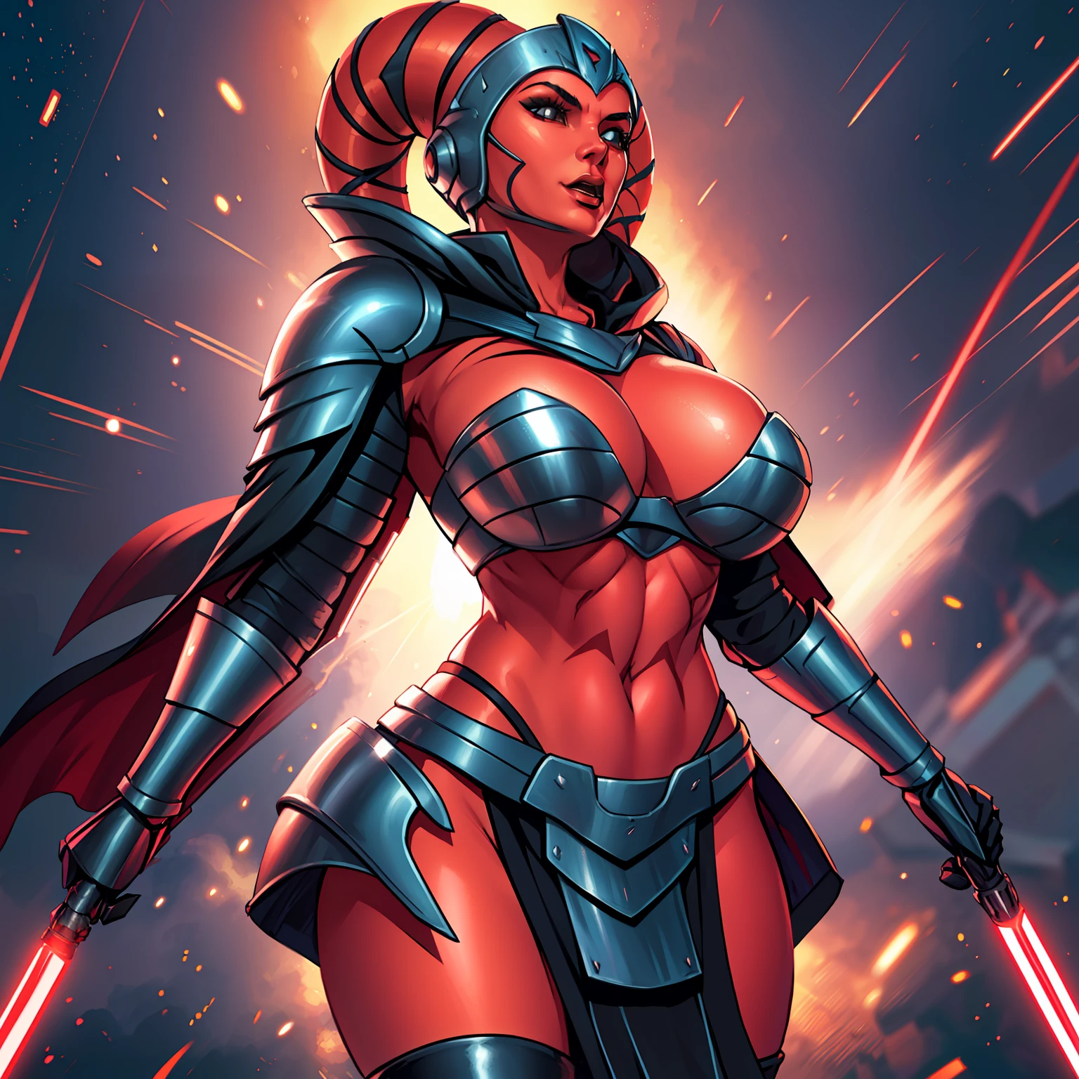 1girl, action scene, fighting, masterpiece, best quality, high-definition, armor, busty, ((red skin), twi'lek), dual red lightsabers, evil space knight, space ninja, (wearing black robes, black stealth armor, breastplate, tunic, tabard, cowl, cloak, body glove, straps, buckles, skirts, long sleeves, fantasy, ((armor)), ((busty)), slender body, thin, slim sexy body, slim waist, ((gigantic breasts))), Imperial starship, Star Wars,