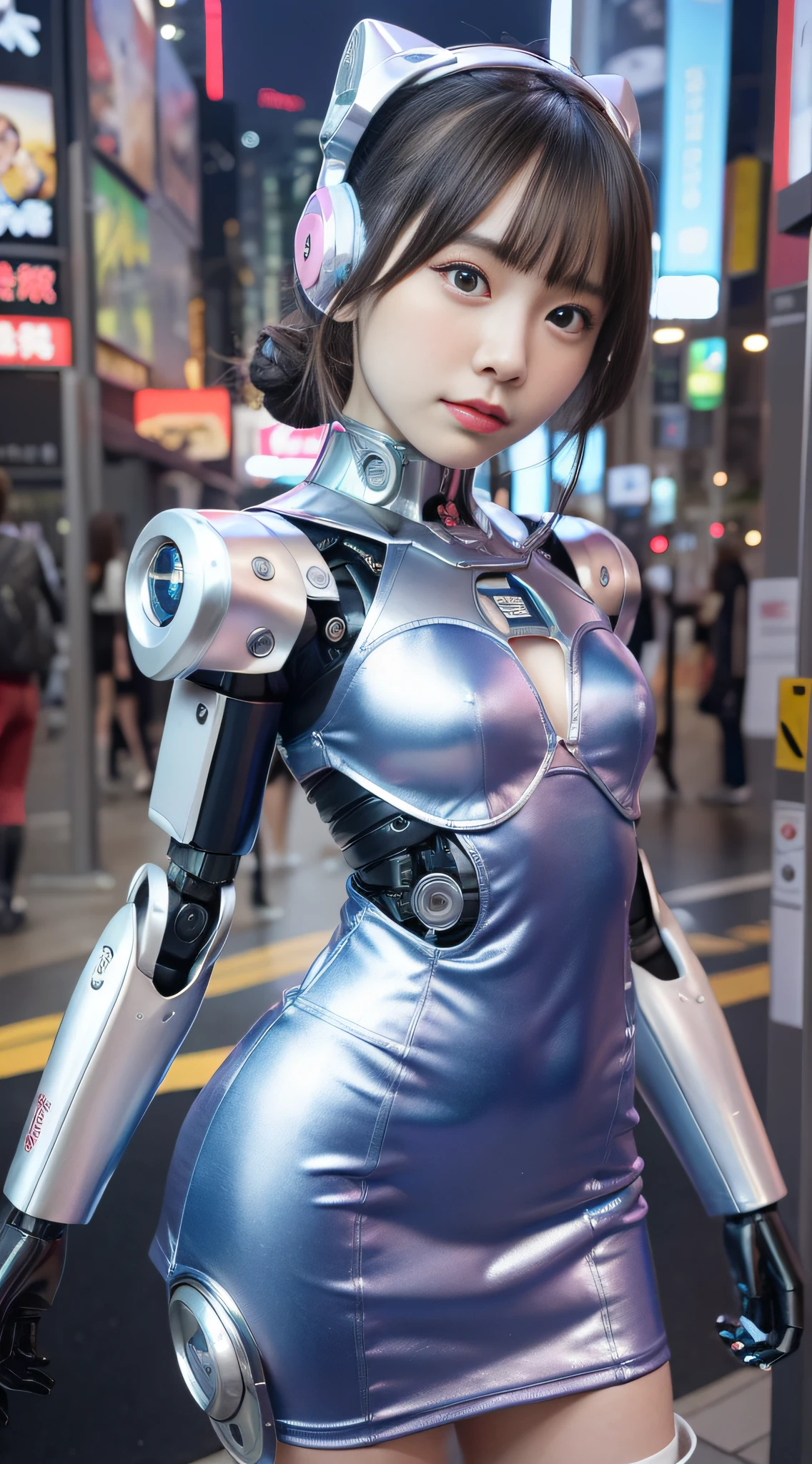 (Photorealsitic:1.4)、Onegirl、(top-quality),(hyperdetailed face)、(Super well-formed face)、((Robot Parts))、(Cyborg girl)、(pink there)、(Silver)、(metalic)、(fullllbody)、(Moe Pose)、(「Heart mark in hand」Pose of)、(Slender body)、(tits out)、(Model body type)、(mecha exposure)、(akihabara)、(is looking at the camera)、(A dark-haired)、(９Head and body)、(a small face)、(Idol)、(front facing)、(is standing)、(Photo session)、(Looks sad)、(Cyborg girl in blue satin dress)、(sleeve less)、(a miniskirt)
