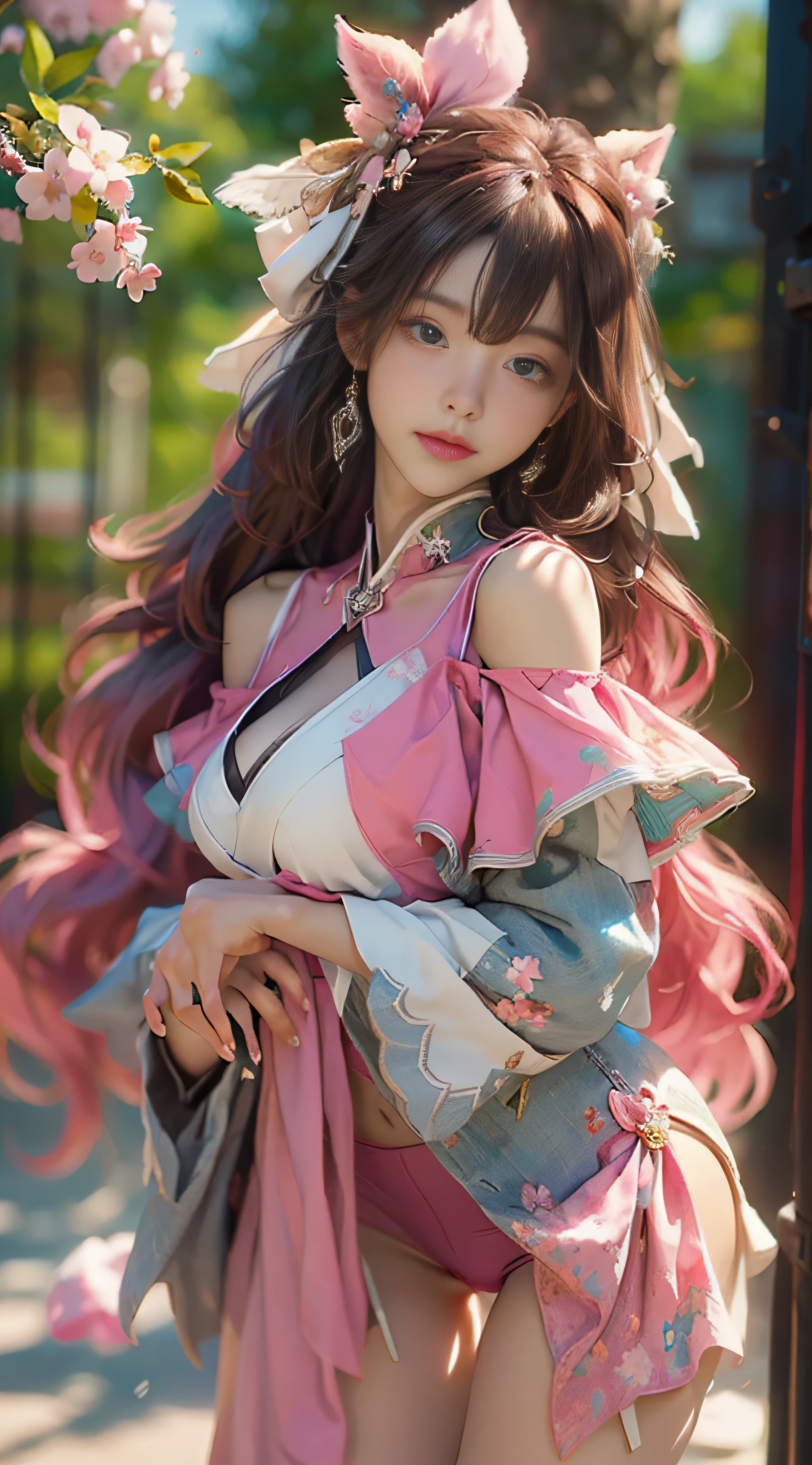 ((best qualtiy)), ((tmasterpiece)), (Detail:1.4), 3D, Beautiful cyberpunk female images,hdr(HighDynamicRange),Ray traching,NVIDIA RTX,Hyper-Resolution,illusory 5,sub surface scattering,PBR textures,post-proces,Anisotropy Filtering,depth of fields,maximum definition and sharpness,Many-Layer Textures,Albedo e mapas Speculares,Surface Coloring,Mitsu-Accurate simulation of material interactions,perfectly proportioned,rendering by octane,Two-colored light,largeaperture,Low ISO,White balance,Rule three points、8K raw data、Beautiful bright blue pupils,off-the-shoulder clothes,Fine pupils,Delicate face and eyes,long eyelasher,Blushlush,Delicate and fluffy hair,pink lip,Pure,cute big breasts,Sweet girl,Artistic sense,Casual wear,Advancedsense,butterflys,Cherry blossom petal,Beautiful hair accessories,Long hair and waist,Hair fluttering in the wind