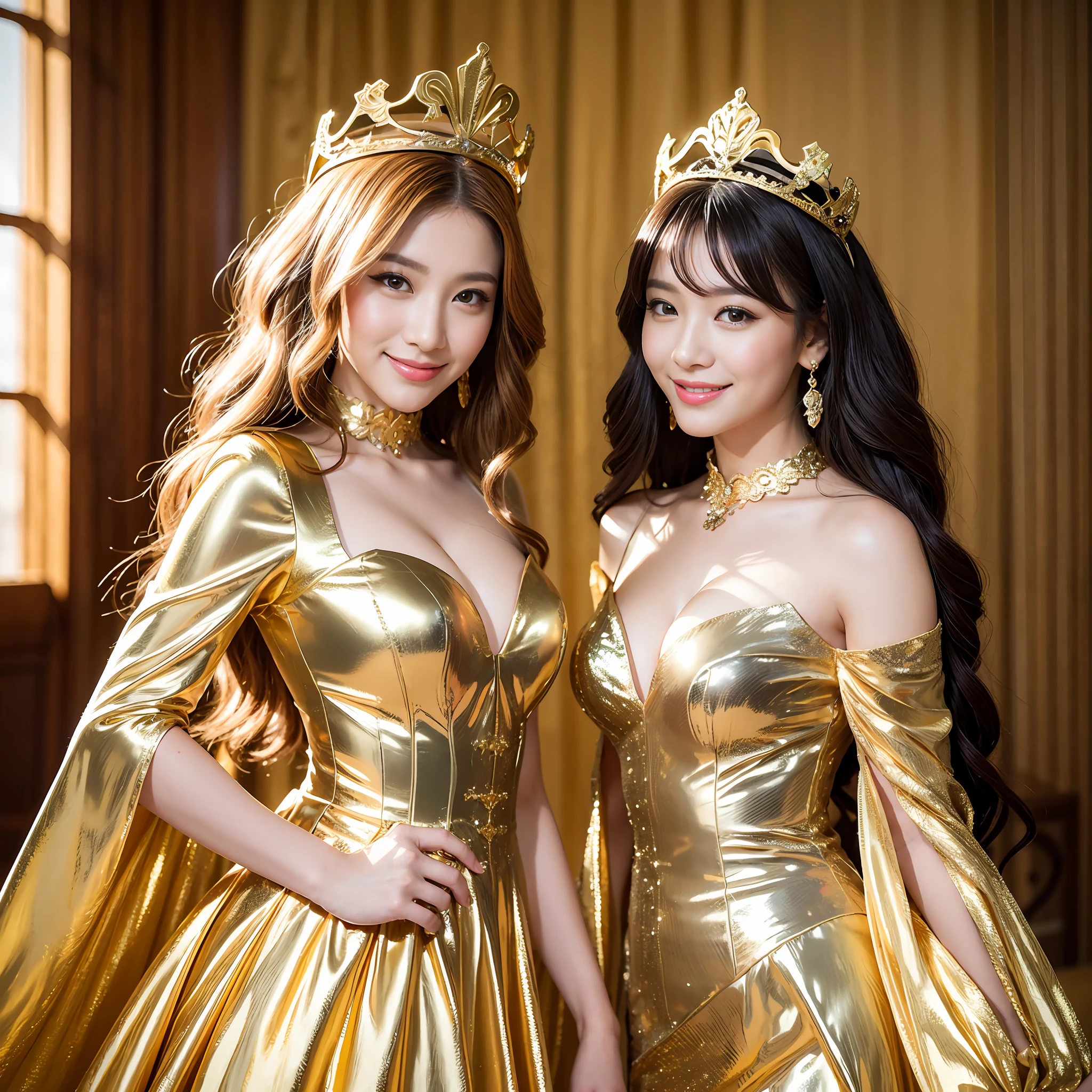 Two women in dresses and ties are posing for photos, Beautiful princess, beautiful female princess, Shot with Canon EOA 6 D Mark II, Photograph Taken on Nikon D750, Photo taken with Nikon D 7 5 0, lovely queen, With Gold Crown, Golden dress, golden corset, photo shot, golden goddess, smiling as a queen of fairies