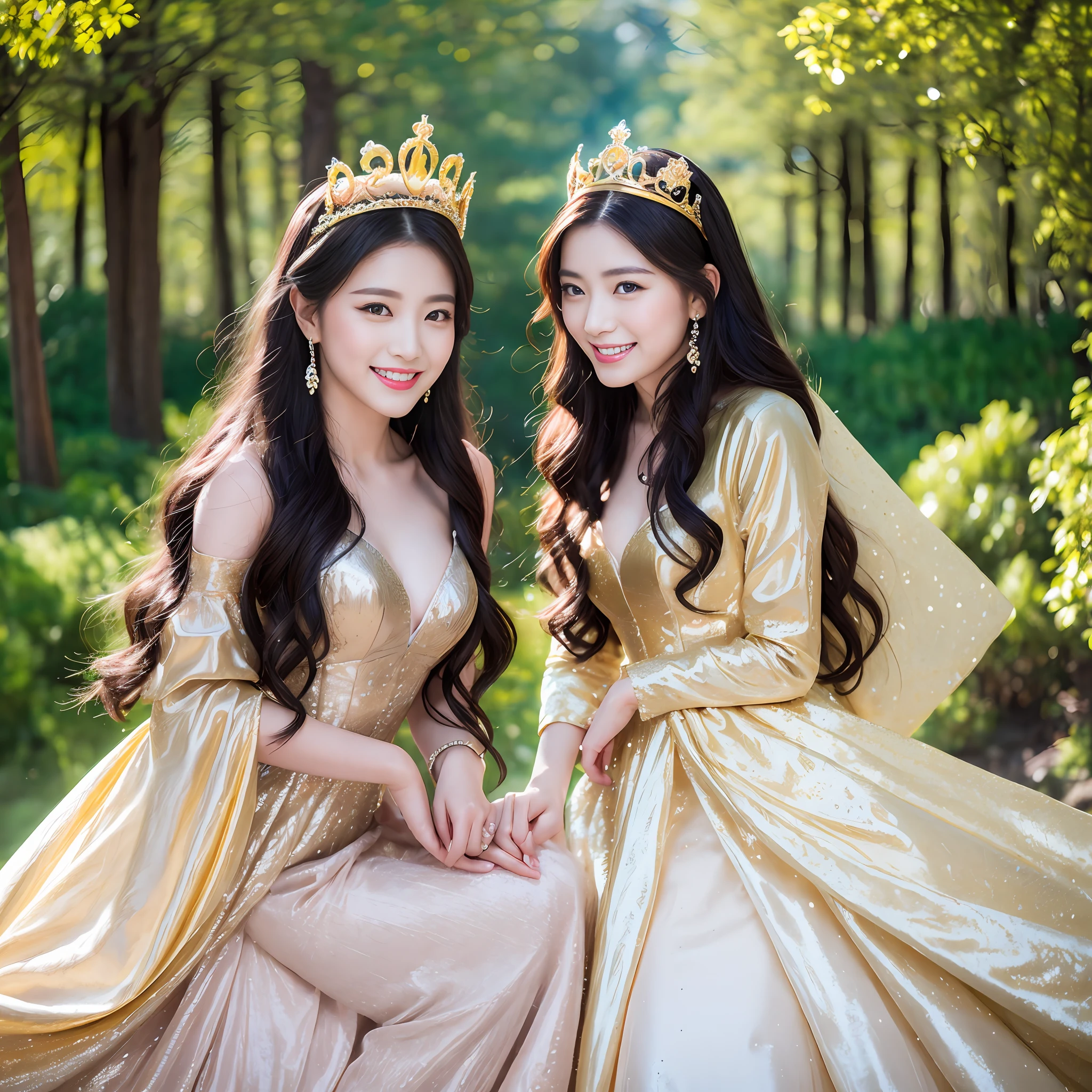 Two women in dresses and ties are posing for photos, Beautiful princess, beautiful female princess, Shot with Canon EOA 6 D Mark II, Photograph Taken on Nikon D750, Photo taken with Nikon D 7 5 0, lovely queen, With Gold Crown, Golden dress, golden corset, photo shot, golden goddess, smiling as a queen of fairies