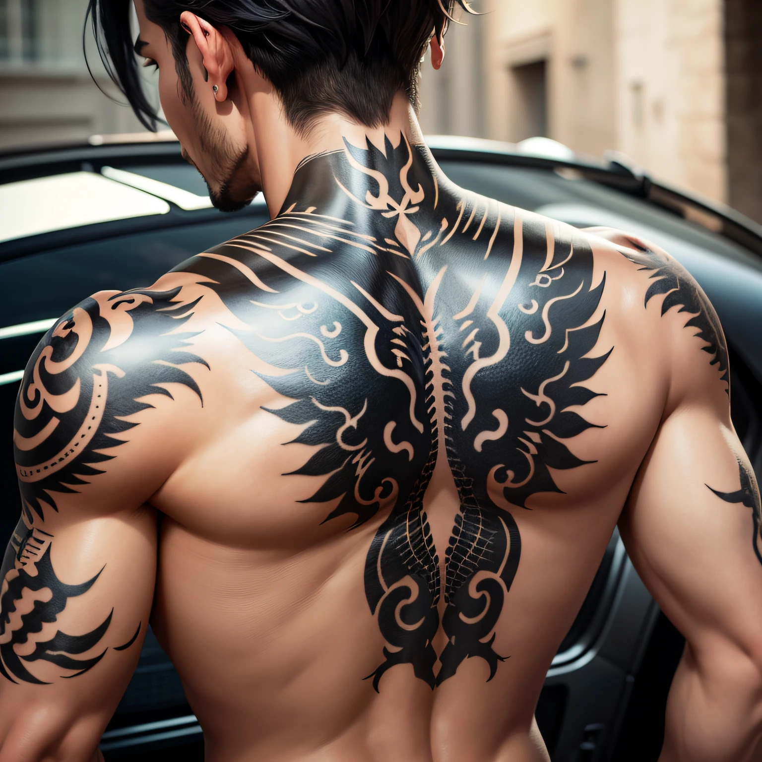 Black dragon tattoo on the back of the man --auto