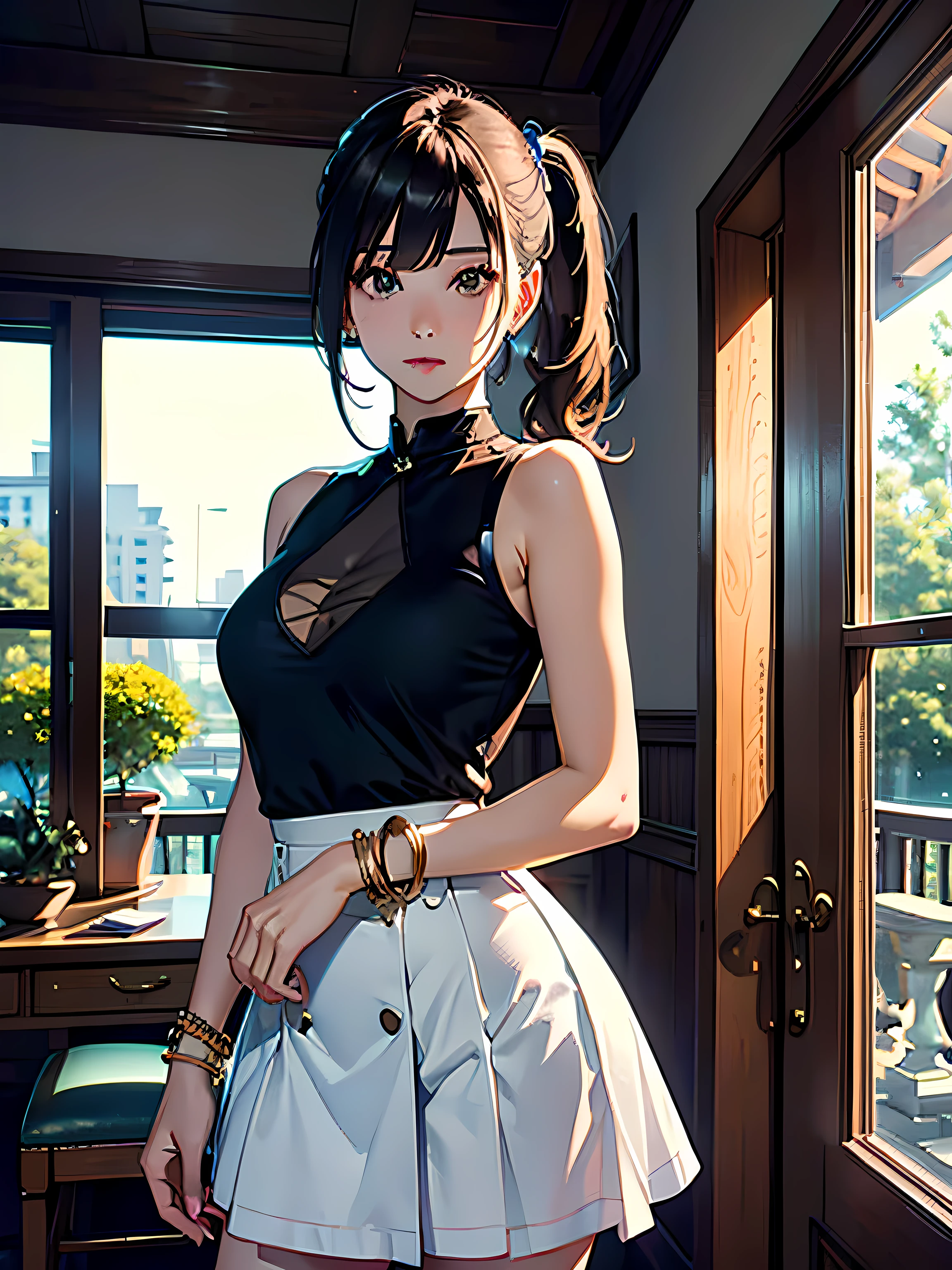 Works of masters,Best image quality,Higher quality,high detal,超高分辨率,8K分辨率,bust,telephoto lenses,exquisite facial features,s the perfect face,Glowing skin,femele,solo person,grieves,long whitr hair,brunette color hair,pony tails,bangle,(a skirt),inside in room,mansion