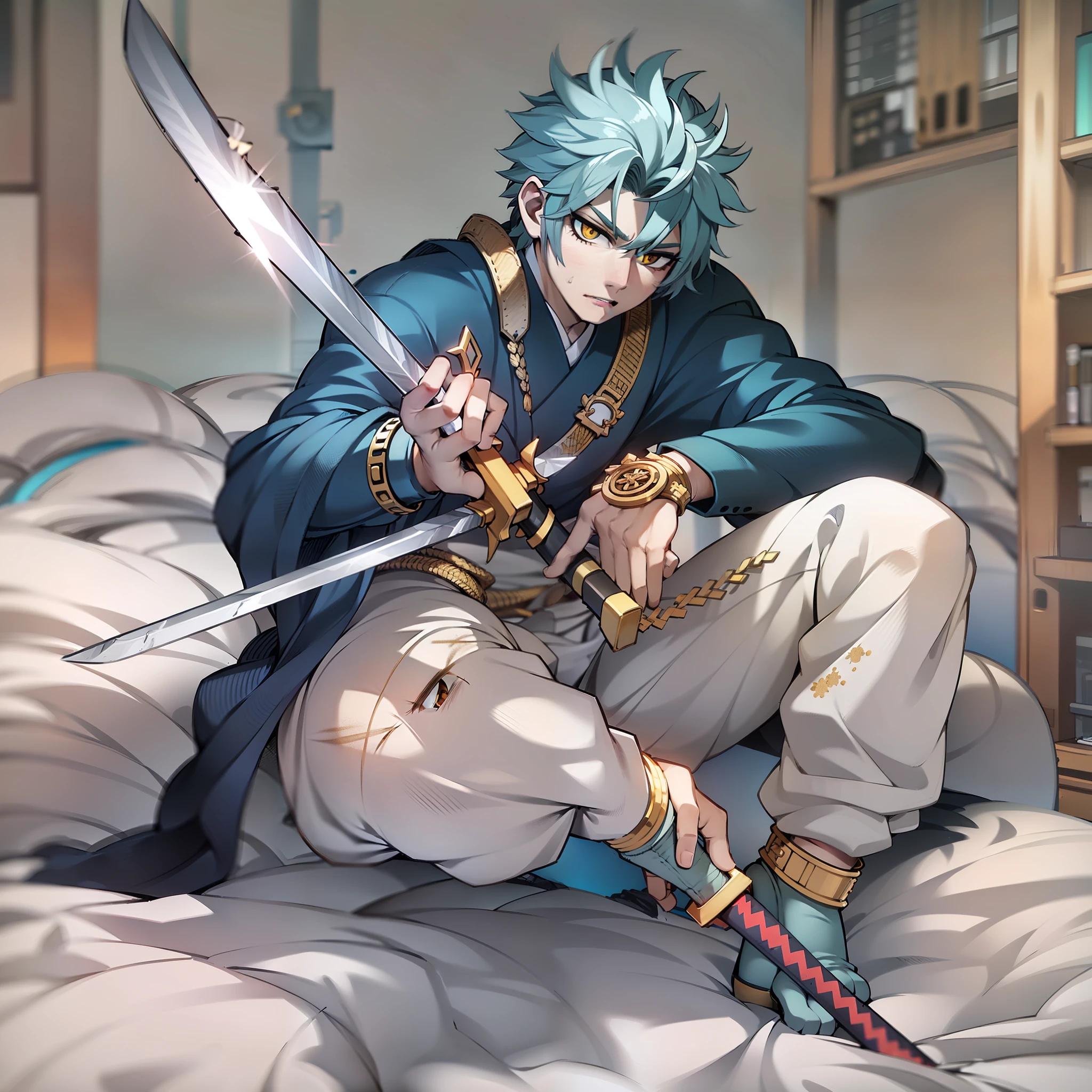 with short spiky blue hair like beast ear, and golden eyes. He has a scar on his left cheek.

Squatting on his bed, his right arm is wounded in a white bandage and holds a Japanese sword in his right hand. He wears blue armor and dark blue leggings on his legs with bare feet.