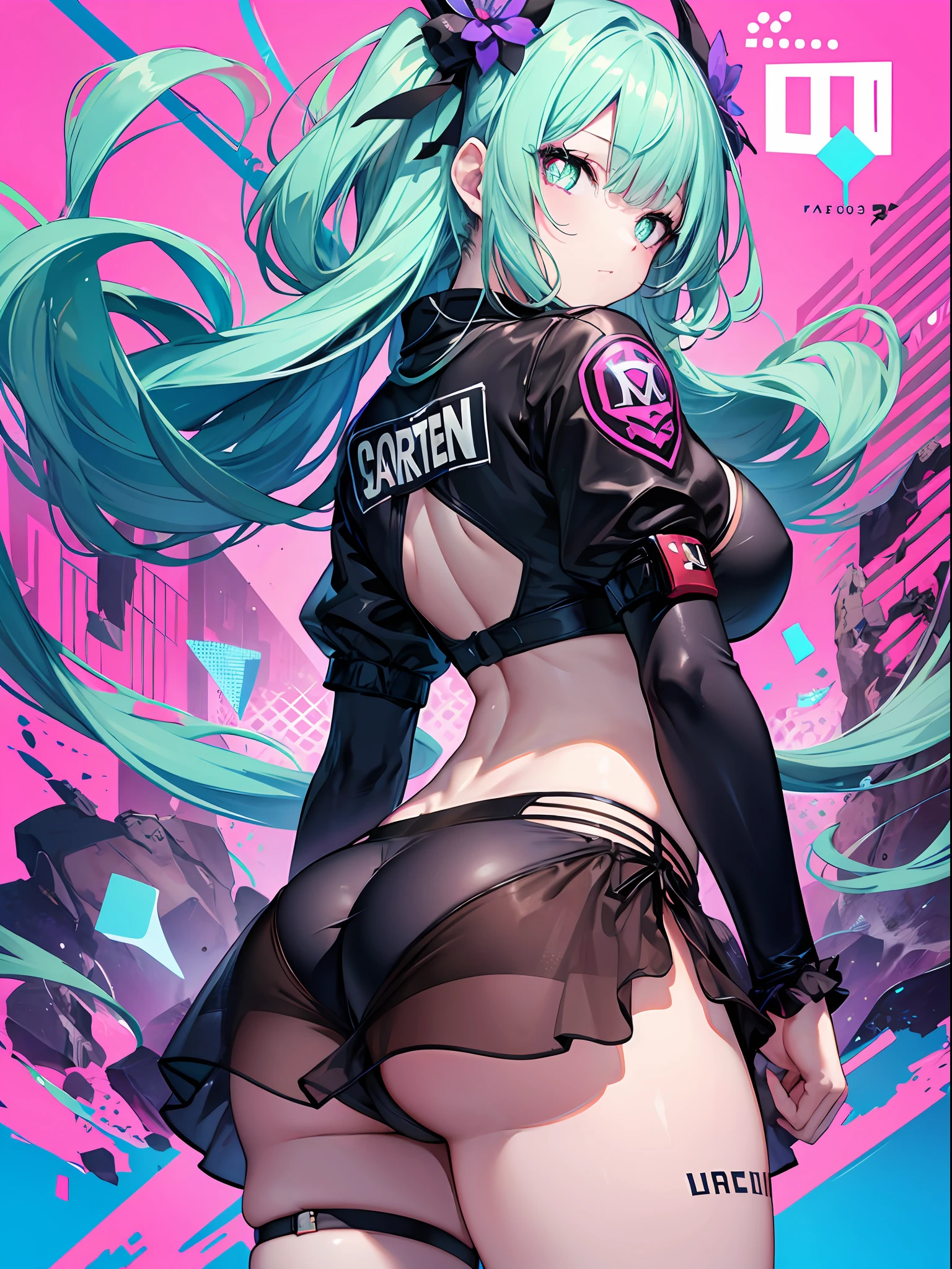 ass pov,ass forcus,facing back、((Best Quality)), ((masutepiece)), , Black Bikini, Hikari Kanji Text, 1girl Best Quality, Portrait, ultra-detailliert, Pretty Face, Perfect Anatomy, soil, pale skin, Huge pink green hair , perfect hair, Bangs, Eyes, pupils on, Dress perfectly, missiles, Hands, thick legs, Large Thigh, possession, Blue background, Fortnite,womb tattoos,glistning skin,Cowboy Shot