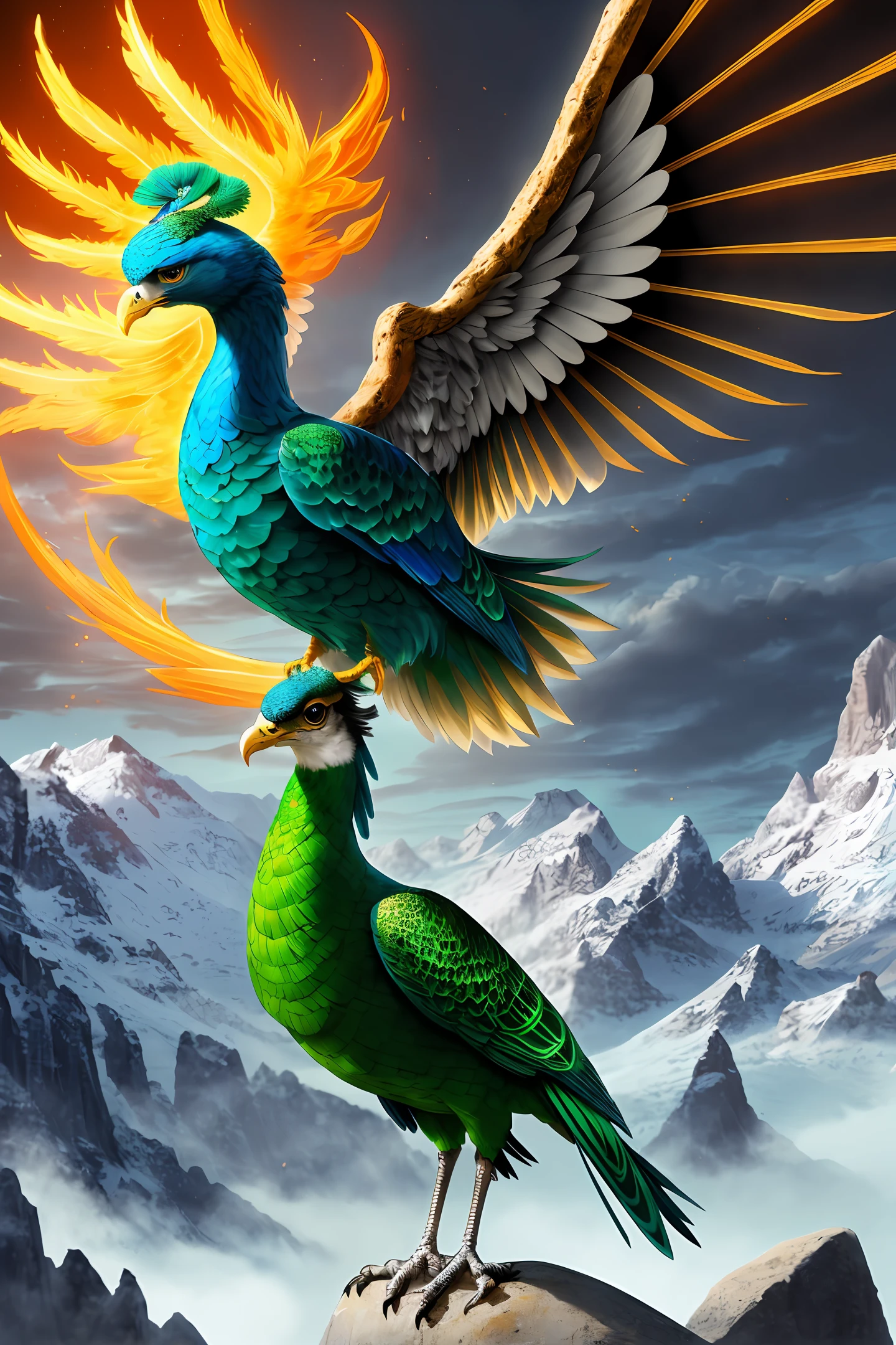 critters：On a mountain rich in gold and stone jade lives a bird，Looks like a green peacock，The feathers are colorful but textured，It has a pattern on its head『morality』word，Pattern image on the wings『righteousness』word，Pattern image on the back『harf』word，The pattern of the chest is like『benevolence』word，Pattern image of the abdomen『harf』word，It is a beautiful and sacred bird，Shaped like an eagle，Beaked like a deer，The crown is like a brocade，The feathers are colorful，Beautiful shape，It does not seem to be made up of earthly creatures。This bird eats leisurely，Singing and dancing all the time，Mountain and sea scripture divine beast phoenix，Ultra HD quality 8k fantasy epic masterpiece wallpaper