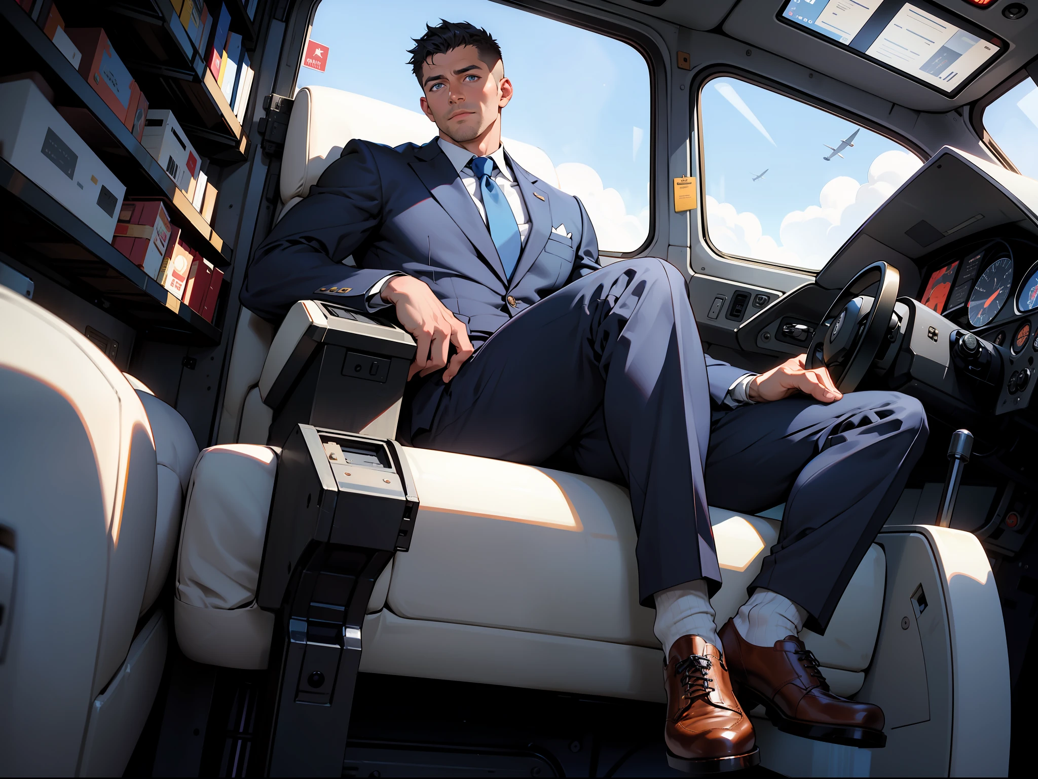 masterpiece, best quality, face, natural eyes, 1man, big feet, black socks, full body, (in suits), large bulge, long legs, looking at viewer, 30 years old, muscled and mature, pilot, pilot in uniform, short haircut, blue eyes,