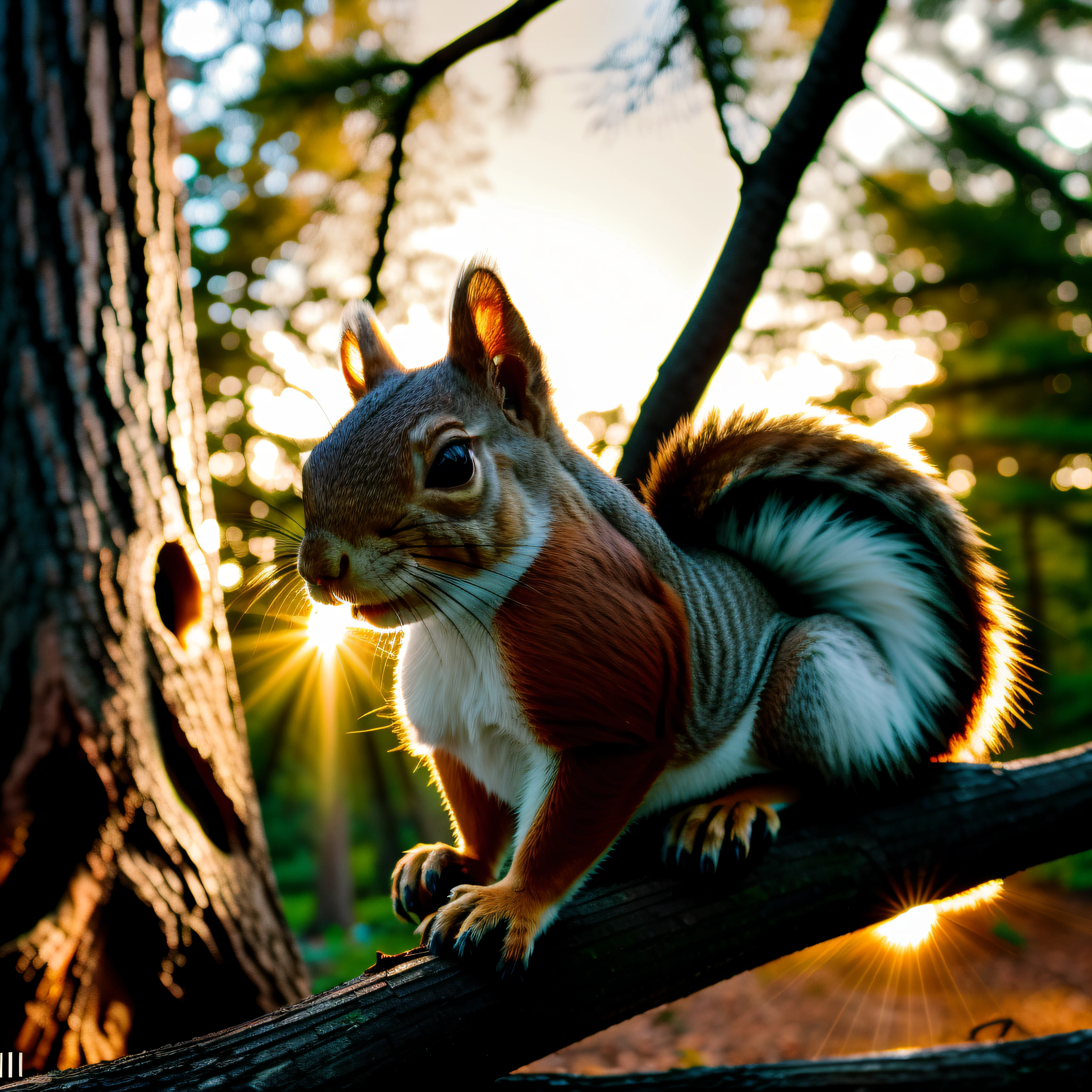 close-up, squirrel on a fir branch, eating a nut with a rainbow and a sunset, reflection light, Nikon, 35mm, Fujifilm, Fujicolor, god rays, lens flare, 8k, super detail, ccurate, best quality, award winning