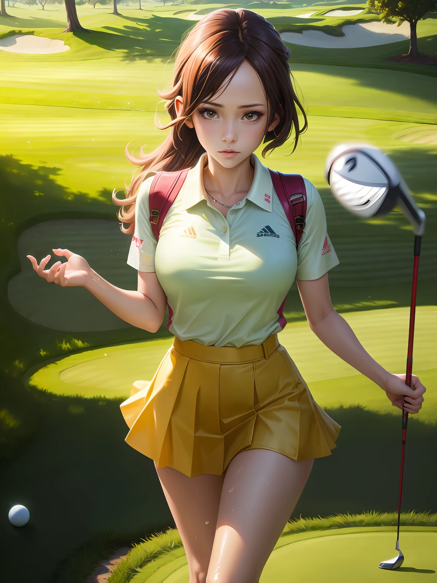 ((masutepiece)),((High resolution)), Dramatic Lighting,  Sharp Focus,  16k UHD,
Ultra-realistic illustrations,1beautiful girl,Golf Uniform,Teenage girl,small head ,dark-colored hair,Large breasts,shiny skins,Skirt,nice legs,wet skins sweat,At the golf course,From  above