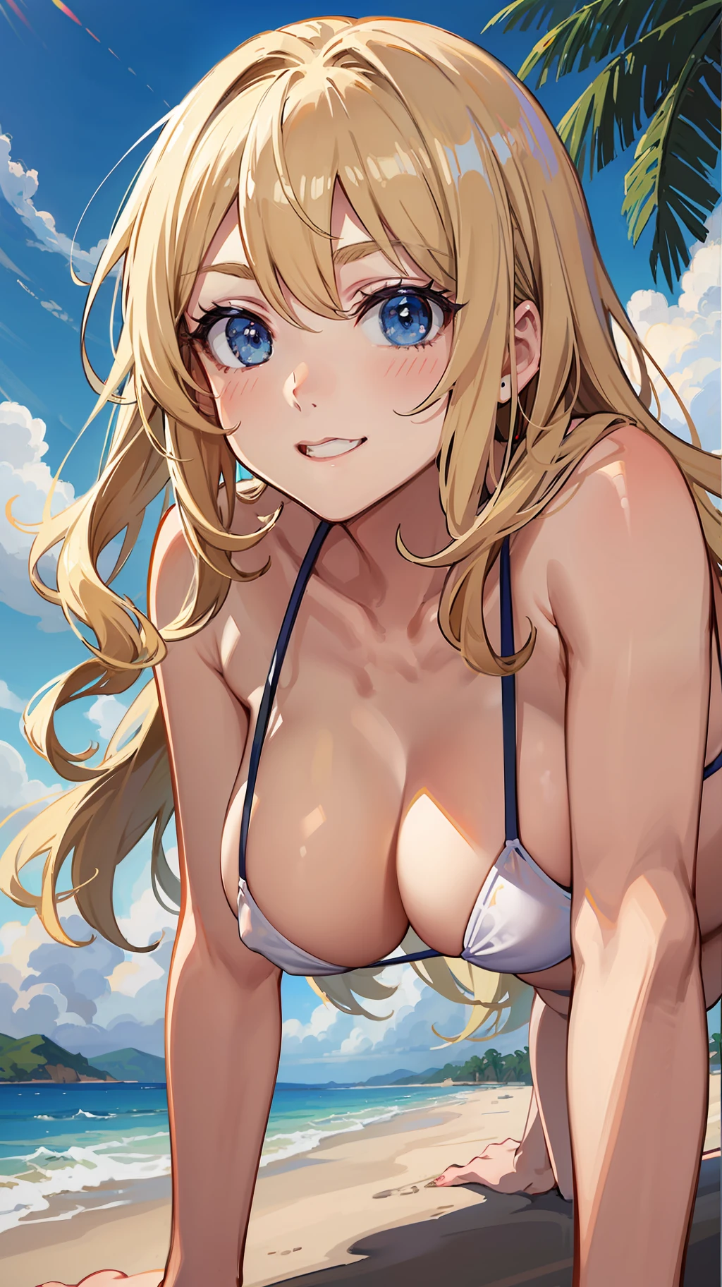 One Woman,Micro Bikini, White Bikini, On all fours,tits out,Large breasts,gleaming skin,Beautiful face,Blue eyes, slanted eye,Thin eyebrows,Big eyes,Smiling,naughty expression,Blonde hair, Semi-long hair,Wave hair,from the front side,plein air,skyporn,Sea,Beach,Anime style,masutepiece, extremely fine and beautiful,Illustration