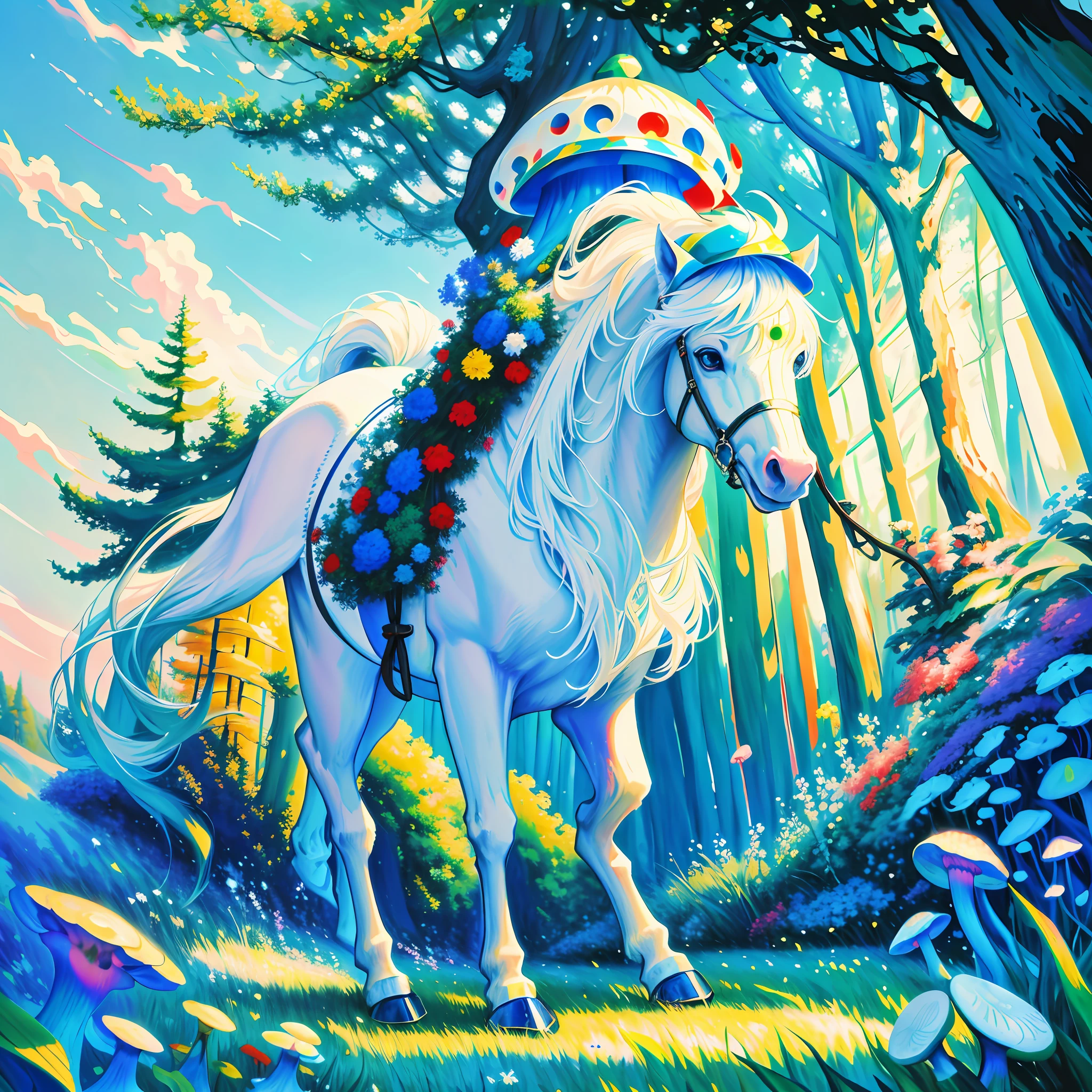 Bipedal creature resembling a white horse, wearing a blue mushroom hat, in a forest clearing at dusk, masterpiece, best quality