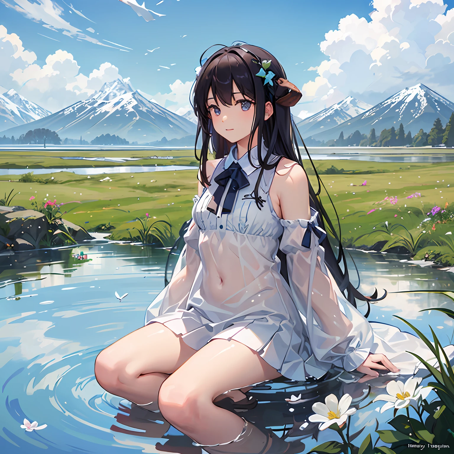 Summer, meadows, few small flowers, clear lakes, sheep, heaven, large clouds, blue sky, hot weather, HD detail, wet watermark, hyper-detail, cinematic, surrealism, soft light, deep field focus bokeh, distant view is snowy mountains, ray tracing, and surrealism. --auto --v6