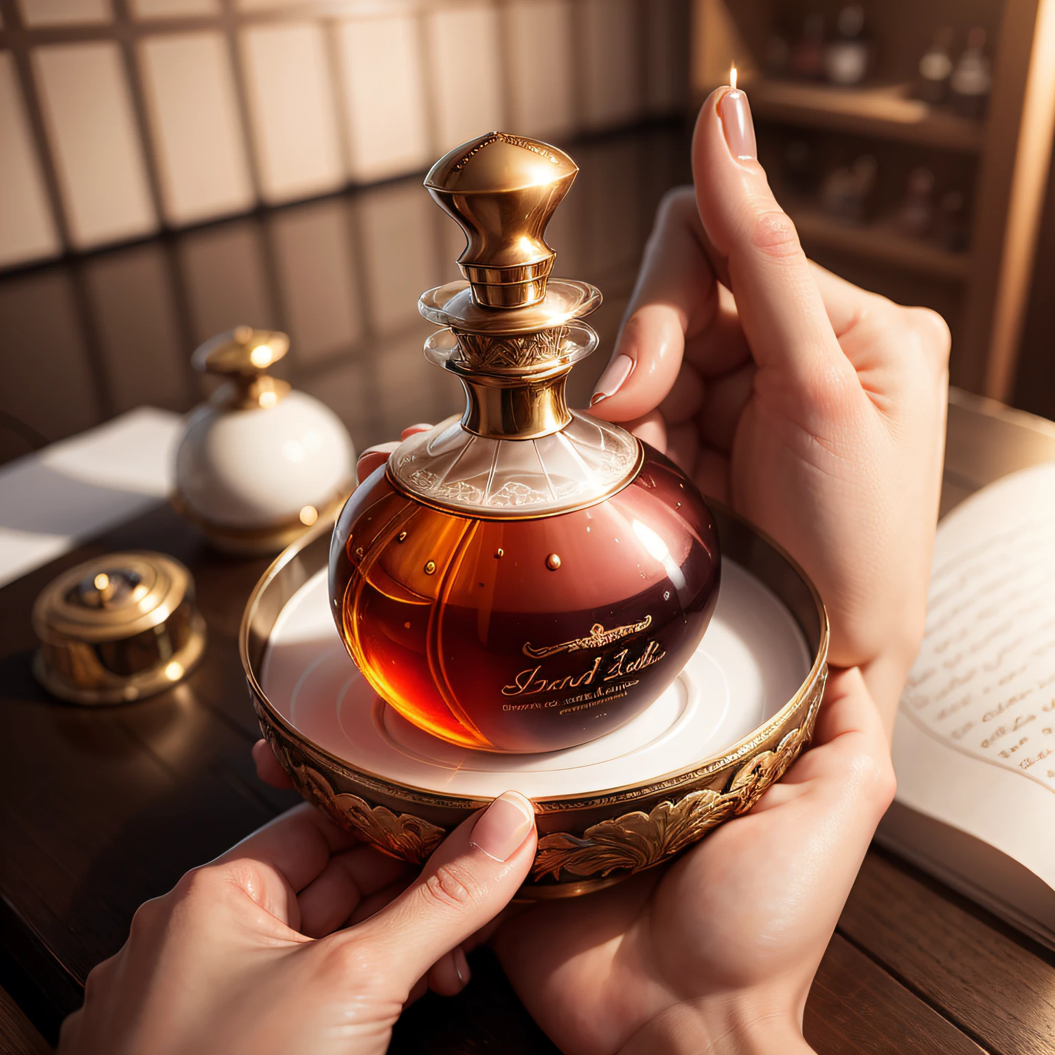Illustration of hand holding beautiful perfume bottle　up