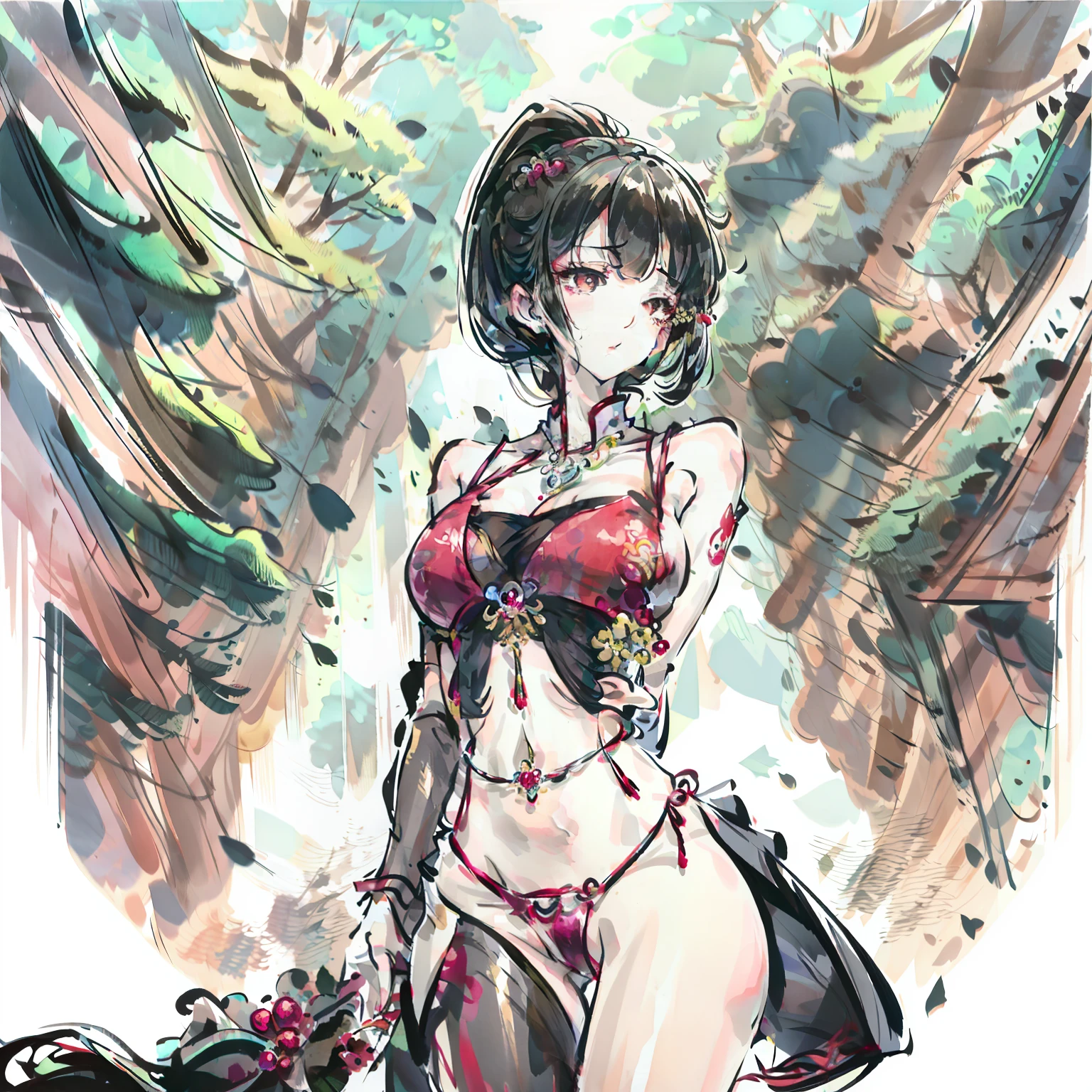 torn cheongsam, no underwear, pony tail, masterpieces, perfect body shape, medium breast, low make up, forest backgrond with river, look up, ruby necklace, ahegao, original character, hyper body detail