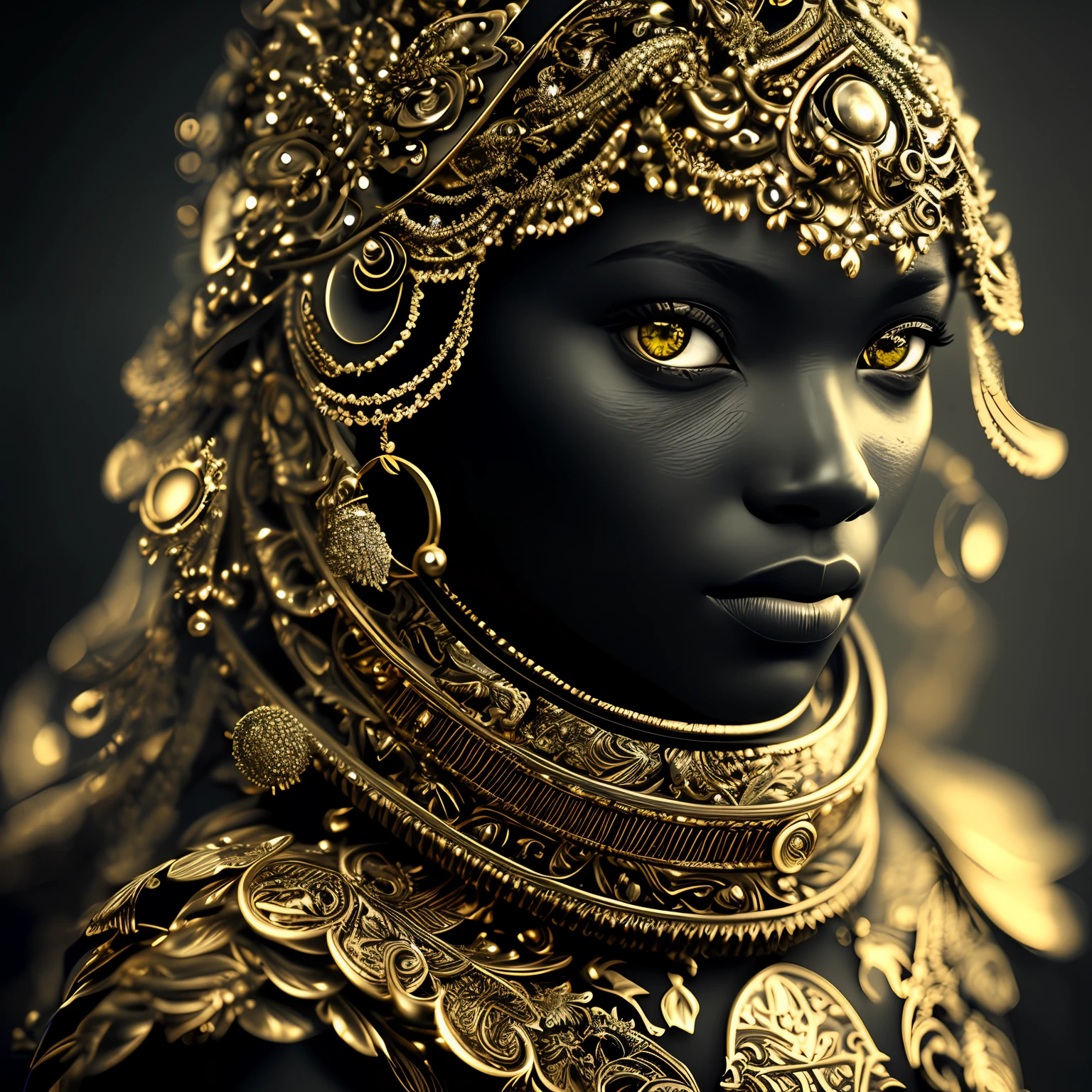 (Masterpiece)An insanely detailed photo of A black beauty with gold eyes, in the style of bio-art, raw metallicity, black and white mastery, gold african influence, pure color, close-up, woman, stock photo, masterpiece, best quality, high quality, extremely detailed cg unity 8k wallpaper, scenery, award winning photography, hdr, trending on artstation, trending on cgsociety, intricate, high detail, cinematic lighting.