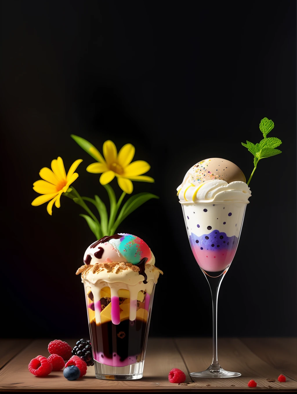 Colorful flowers on the table,
knickerbocker glory, tall and ultra-thin glasses, colorful ice cream, purple ice cream, raspberry, cooley, blueberry, chopped chocolate, powdered sugar, intricate, oil on canvas, masterpiece, expert, detail, 4K resolution, splash art, concept art, composition, framing, refined features,