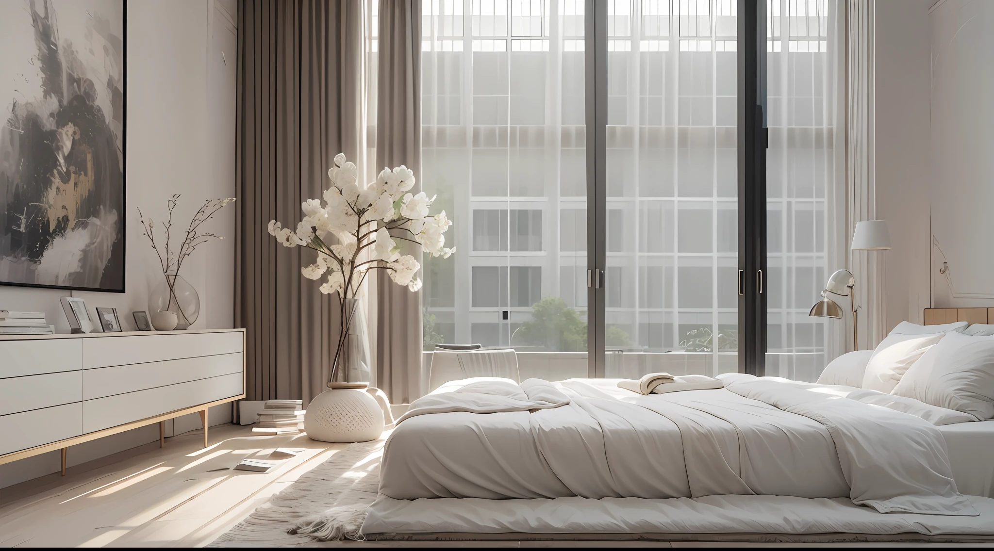 Minimalist bedroom,Master level design,Rare flowers and plants(1:0.01),suns rays,The right way to place your home,No main light design,an award winning masterpiece,Incredible details Large windows,highly detailed,Harper's Bazaar art,fashion magazine,fluency,Clear focus,8K,rendering by octane