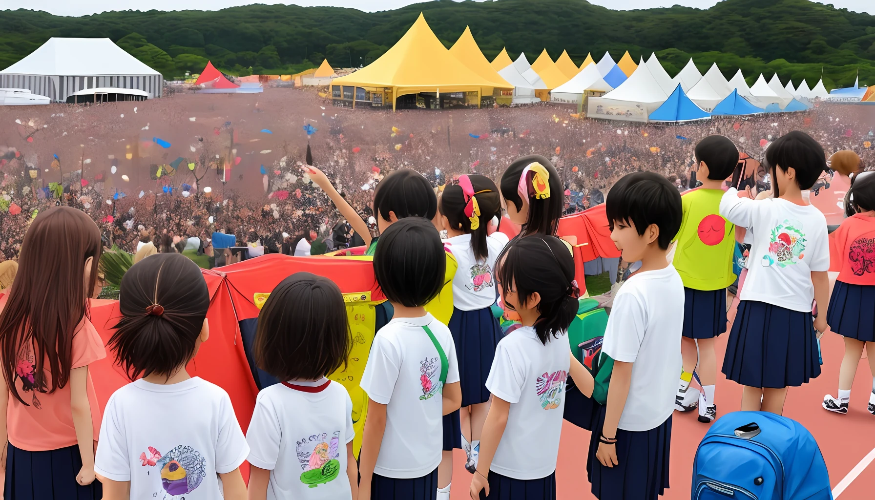 Elementary school students wearing festival happy clothes、Have a festival fan