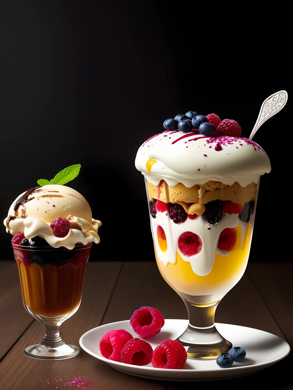 Colorful flowers on the table,
knickerbocker glory, tall and ultra-thin glasses, colorful ice cream, purple ice cream, raspberry, cooley, blueberry, chopped chocolate, powdered sugar, intricate, oil on canvas, masterpiece, expert, detail, 4K resolution, splash art, concept art, composition, framing, refined features,