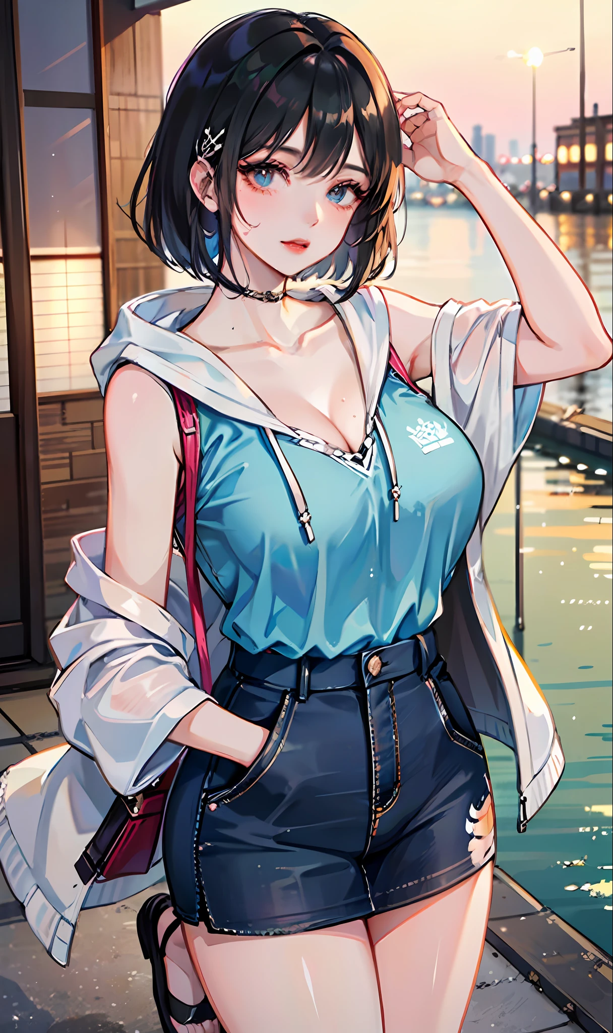 ((Beautuful Women、Female height 172 cm、Women in Their 20s、(masterpiece))、top-quality、high-level image quality、ultra-detailliert、ighly detailed、face perfect、((独奏))))、Perfect Style、the perfect body、Beautiful body、clong legs、g-cup、large full breasts、big butts、Beautiful waist、a short bob、Sunglasses on the head、Hair is black and orange、Blue pupil、fullbody image、Breast exposure、sexual excitement、My whole body is wet、(((Casual clothing)))、modern attire、Reiwa 5 years、very highly detailed breasts、Very detailed ass、extremely detailed fingers、Highly detailed thighs、extremely detailed eye、Stuffiness、Torogao、Realistic moisturized skin、(soaked body:1.3)、(erotick)、beatiful backgrounds、((Background Japan Tokyo))、(shoes、cropped hoodie)