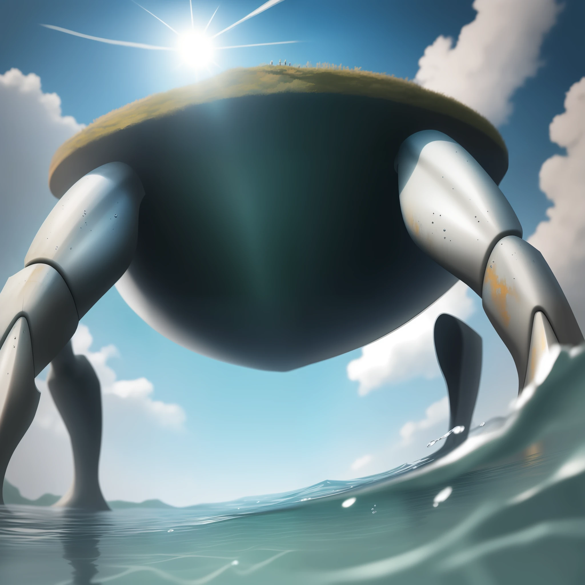 no humans, scenery, vanishing point, from below, masterpiece, best quality, 8k, absurdres, water surface, summer, noon, sunlight, blue sky, perspective, depth of field, highres, finely detail, ultra-detailed, sharp focus