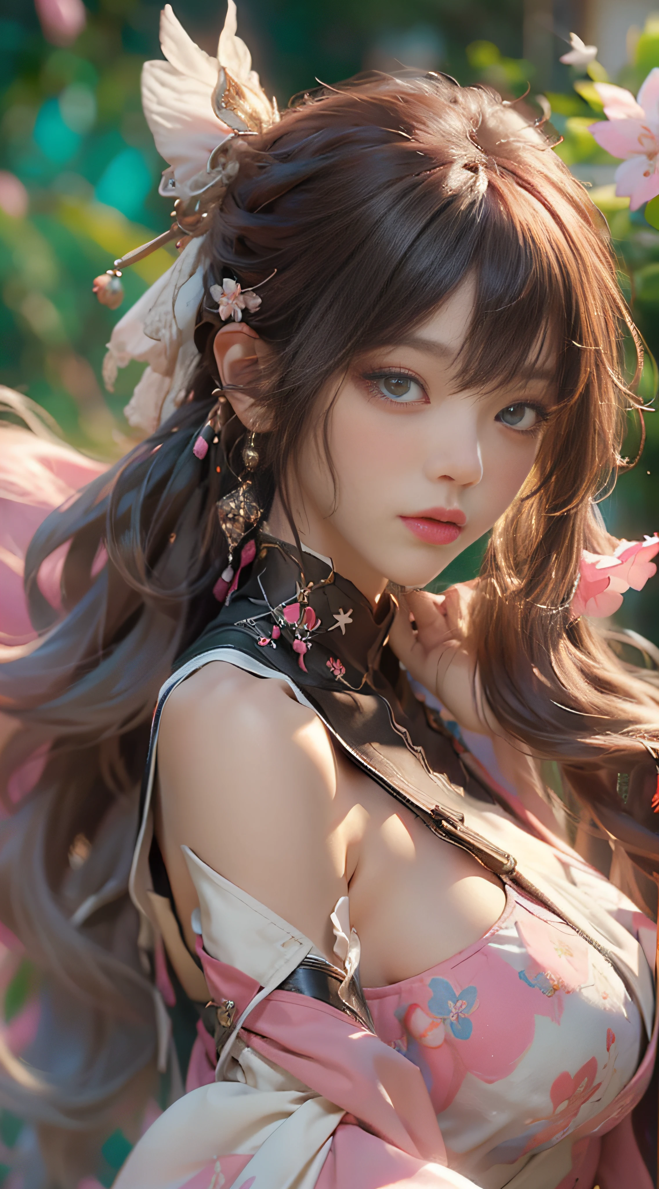 （（best qualtiy））， （（tmasterpiece））， （Detail：1.4）， 3D， Beautiful cyberpunk female images，hdr（HighDynamicRange），Ray traching，NVIDIA RTX，Hyper-Resolution，illusory 5，sub surface scattering，PBR textures，post-proces，Anisotropy Filtering，depth of fields，maximum definition and sharpness，Many-Layer Textures，Albedo e mapas Speculares，Surface Coloring，Mitsu-Accurate simulation of material interactions，perfectly proportioned，rendering by octane，Two-colored light，largeaperture，Low ISO，White balance，Rule three points、8K raw data、Beautiful bright blue pupils，off-the-shoulder clothes，Fine pupils，Delicate face and eyes，long eyelasher，Blushlush，Delicate and fluffy hair，pink lip，Pure，cute big breasts，Sweet girl，Artistic sense，Casual wear，Advancedsense，butterflys，Cherry blossom petal，Beautiful hair accessories，Long hair and waist，Hair fluttering in the wind