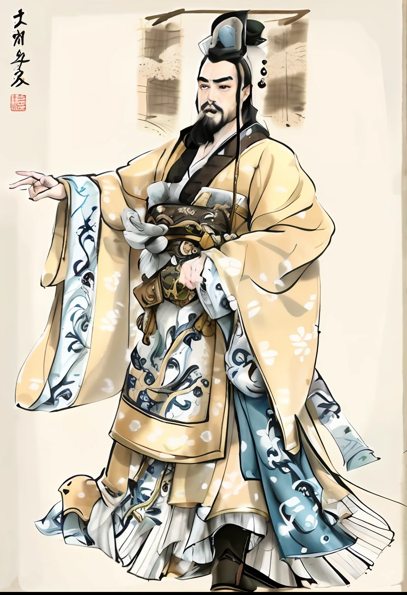 A man in a robe and hat, by Xuande Emperor, inspired by Li Cheng, chi-gong, Song Dynasty, portrait of emperor of mankind, inspired by Xuande Emperor, Tang dynasty, inspired by Wu Daozi, Wearing ancient Chinese clothes, feng shu, Inspired by Hu Zaobin, yuan - ti, heise jinyao