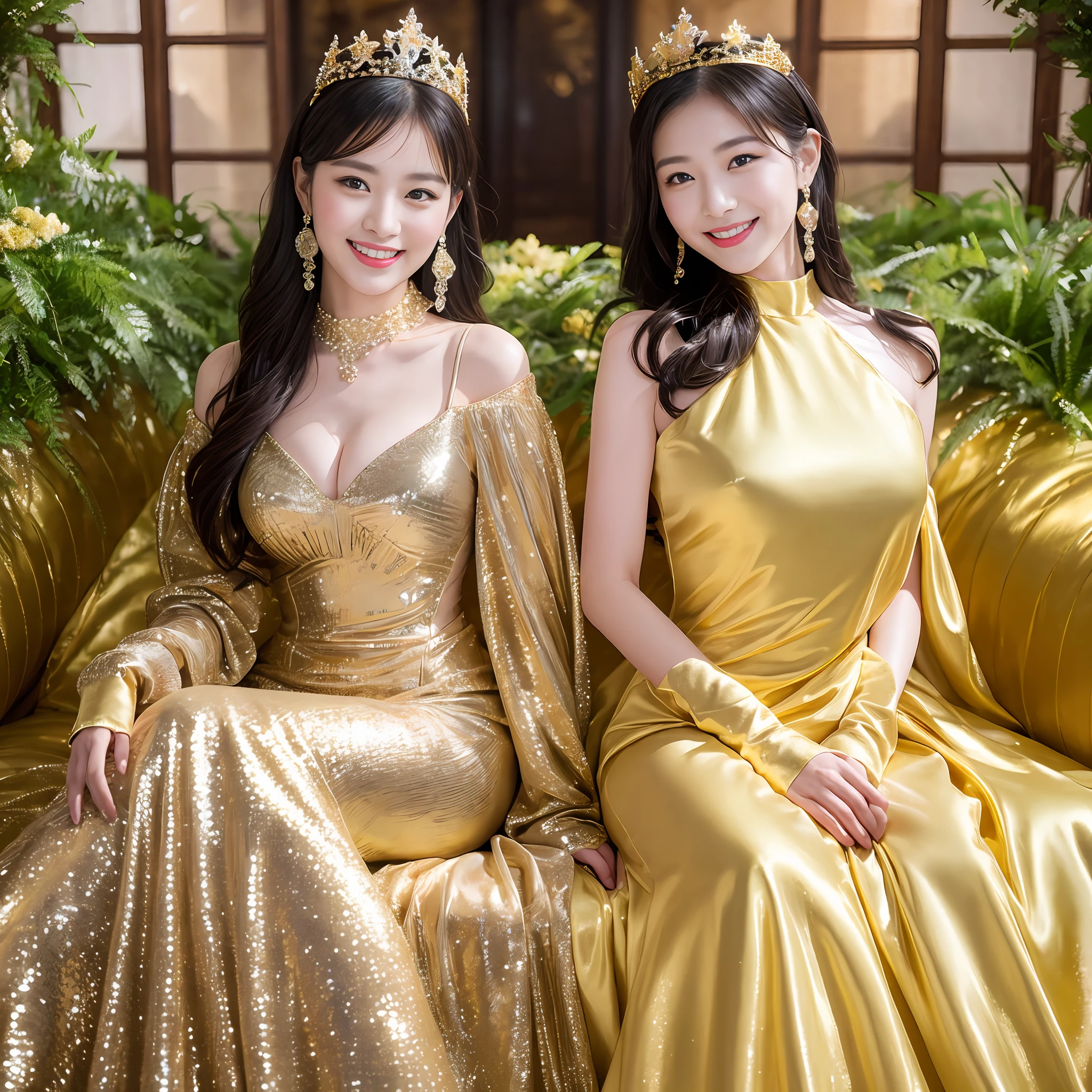 Two women in dresses and ties are posing for photos, Beautiful princess, beautiful female princess, Shot with Canon EOA 6 D Mark II, Photograph Taken on Nikon D750, Photo taken with Nikon D 7 5 0, lovely queen, With Gold Crown, Golden dress, golden corset, photo shot, golden goddess, smiling as a queen of fairies