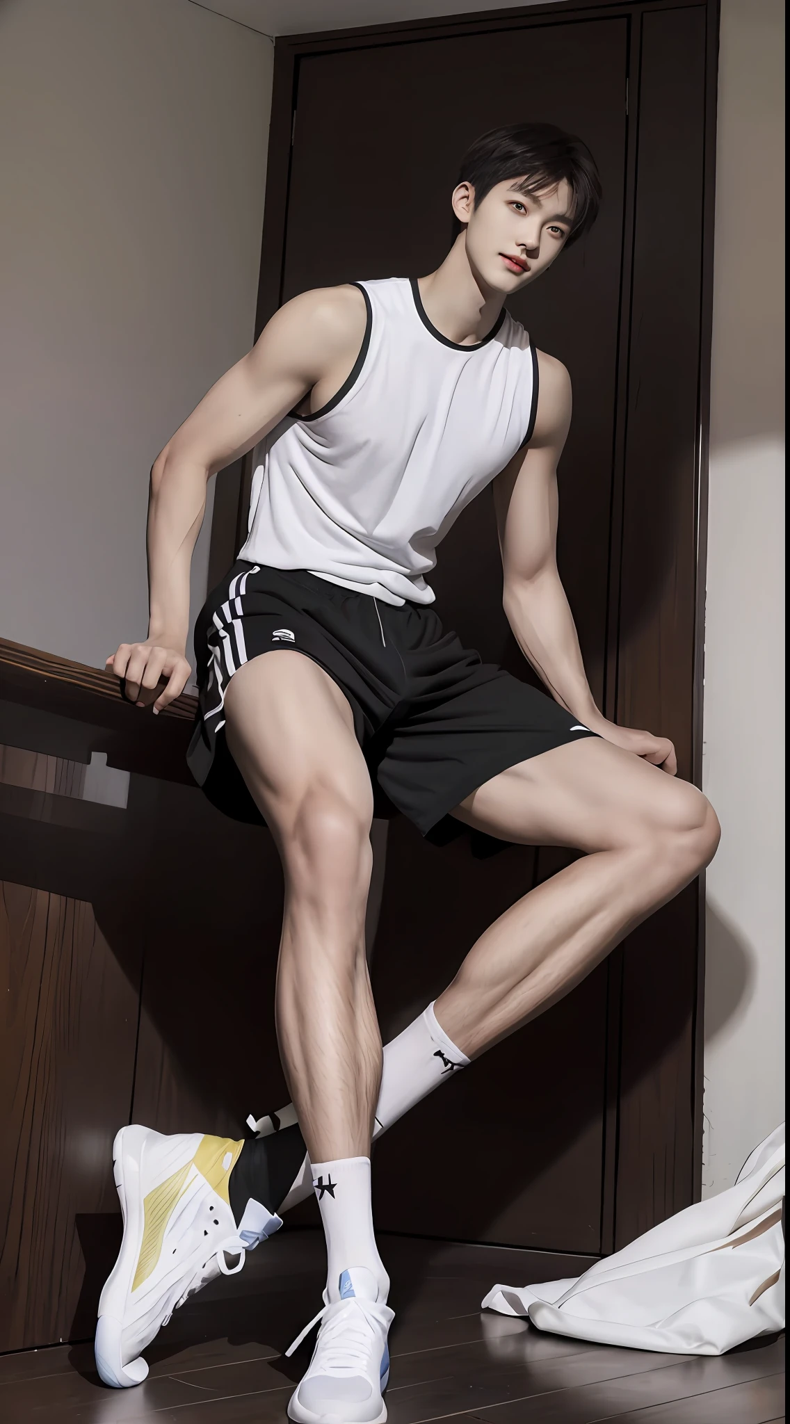 (A lovely Shota),full bodyesbian,Heads-up view,malefocus,Looking_at_peeping at the viewer,Male_Focus,16 yaers old,Awl face,Tall,(Tall guy:2),Super tall,(300cm height:2),Excellent body proportions,(slender leg:3),1.The legs are 5 times longer,small heads,(Cute and beautiful boy:2),(The face of an anime man),(Very detailed beautiful face and eyes:2),(Big bright eyes:1.2),Sharp eyeliner,Clear and beautiful face,with short black hair,(Correct facial features),(low head:1.5),(having fun,grinning smile),Men's soccer jersey,men's hugedick shorts,Strong muscles,(Wide shoulders and narrow waist:2),Men's over-the-knee football socks,Basketball shoes,Detailed muscle texture,Highlights muscle structure,inside a classroom,(Sit on your knees:3),(full length shoot),Full leg shooting,hyper photorealism, (Photorealistic detail), Incredible accuracy, lifelike textures, masterful technique, Jaw-dropping precision, artistic dedication,(anatomy correct),a slight light,exquisite detailing,Best quality,stunning masterpiece,CG