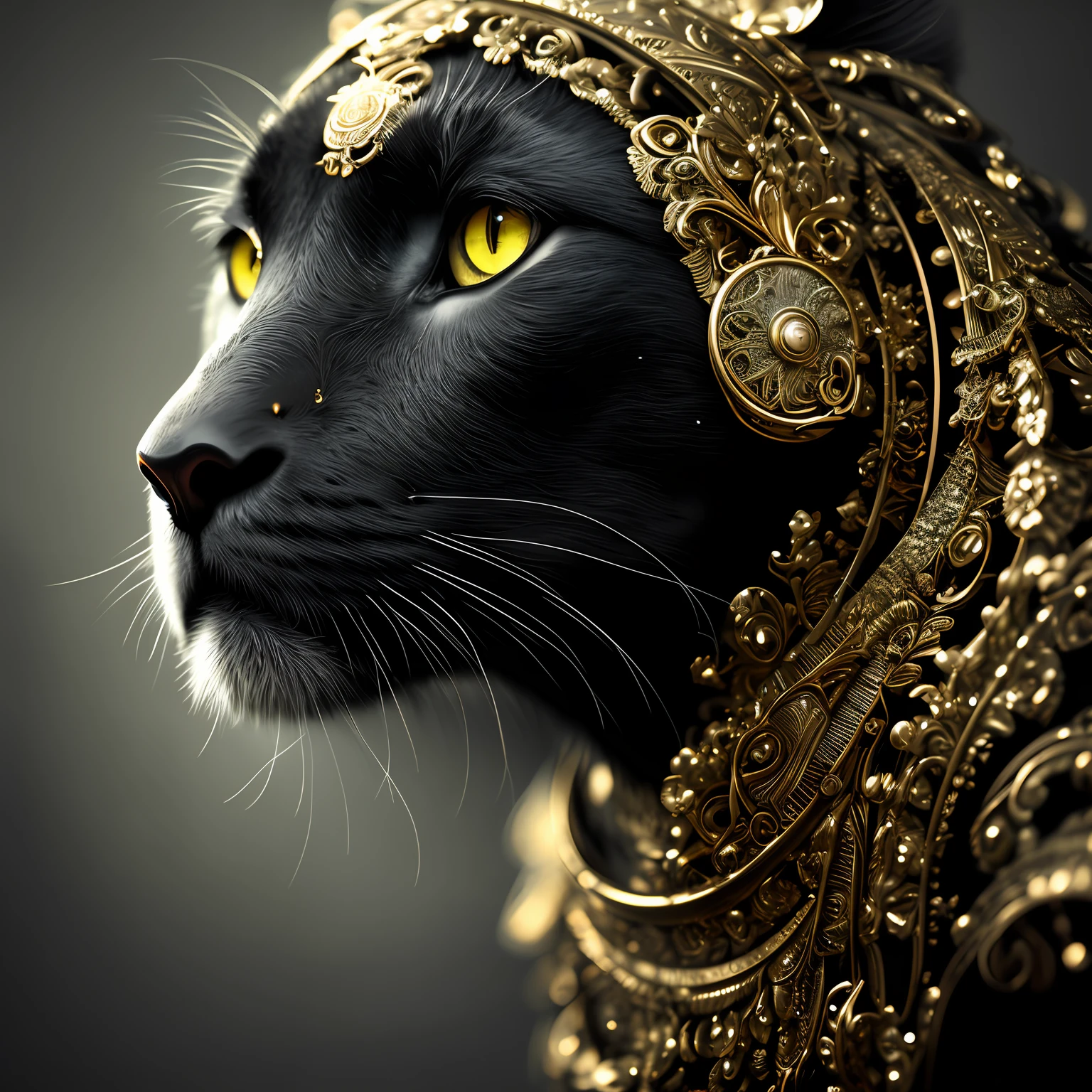 (Masterpiece)An insanely detailed photo of A black beauty with gold eyes, in the style of bio-art, raw metallicity, black and white mastery, gold african influence, pure color, close-up, woman, stock photo, masterpiece, best quality, high quality, extremely detailed cg unity 8k wallpaper, scenery, award winning photography, hdr, trending on artstation, trending on cgsociety, intricate, high detail, cinematic lighting.
