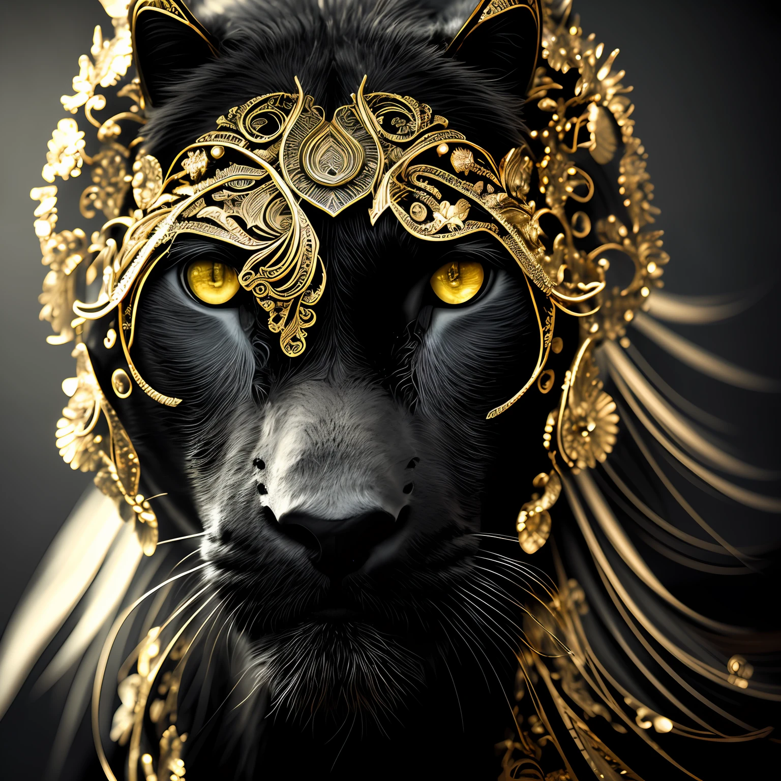 (Masterpiece)An insanely detailed photo of A black beauty with gold eyes, in the style of bio-art, raw metallicity, black and white mastery, gold african influence, pure color, close-up, woman,  stock photo, masterpiece, best quality, high quality, extremely detailed cg unity 8k wallpaper, scenery, award winning photography, hdr, trending on artstation, trending on cgsociety, intricate, high detail, cinematic lighting.