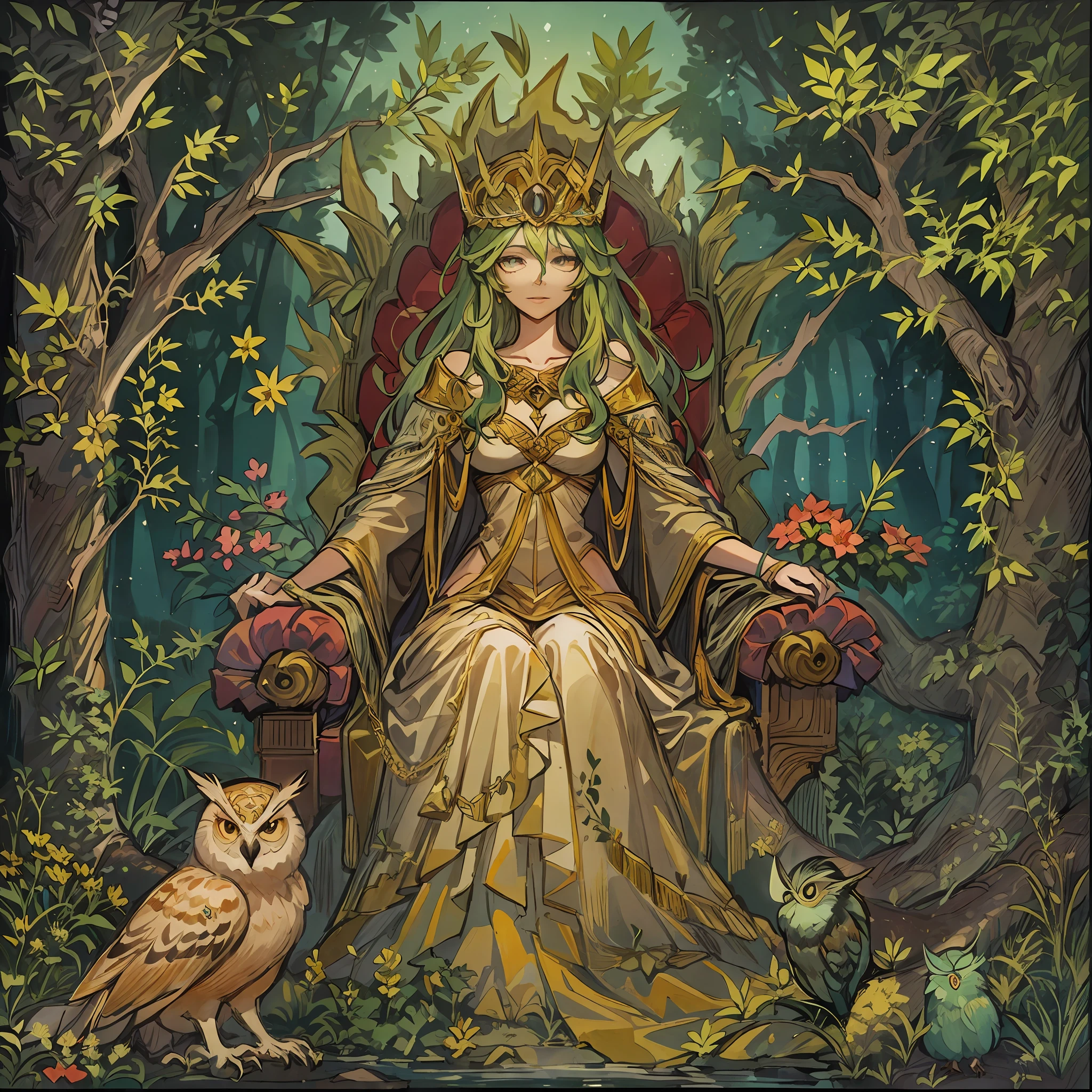 A throne formed of trees, plants and flowers, and a dryad queen seated on it. The queen wears a luxurious, Queen's skin is light brown., elaborate, and delicately decorated costume. A lush forest and moonlight illuminating the forest. The queen is accompanied by 1owl. Detailed drawings. Vivid colors. High image quality. PsyAI