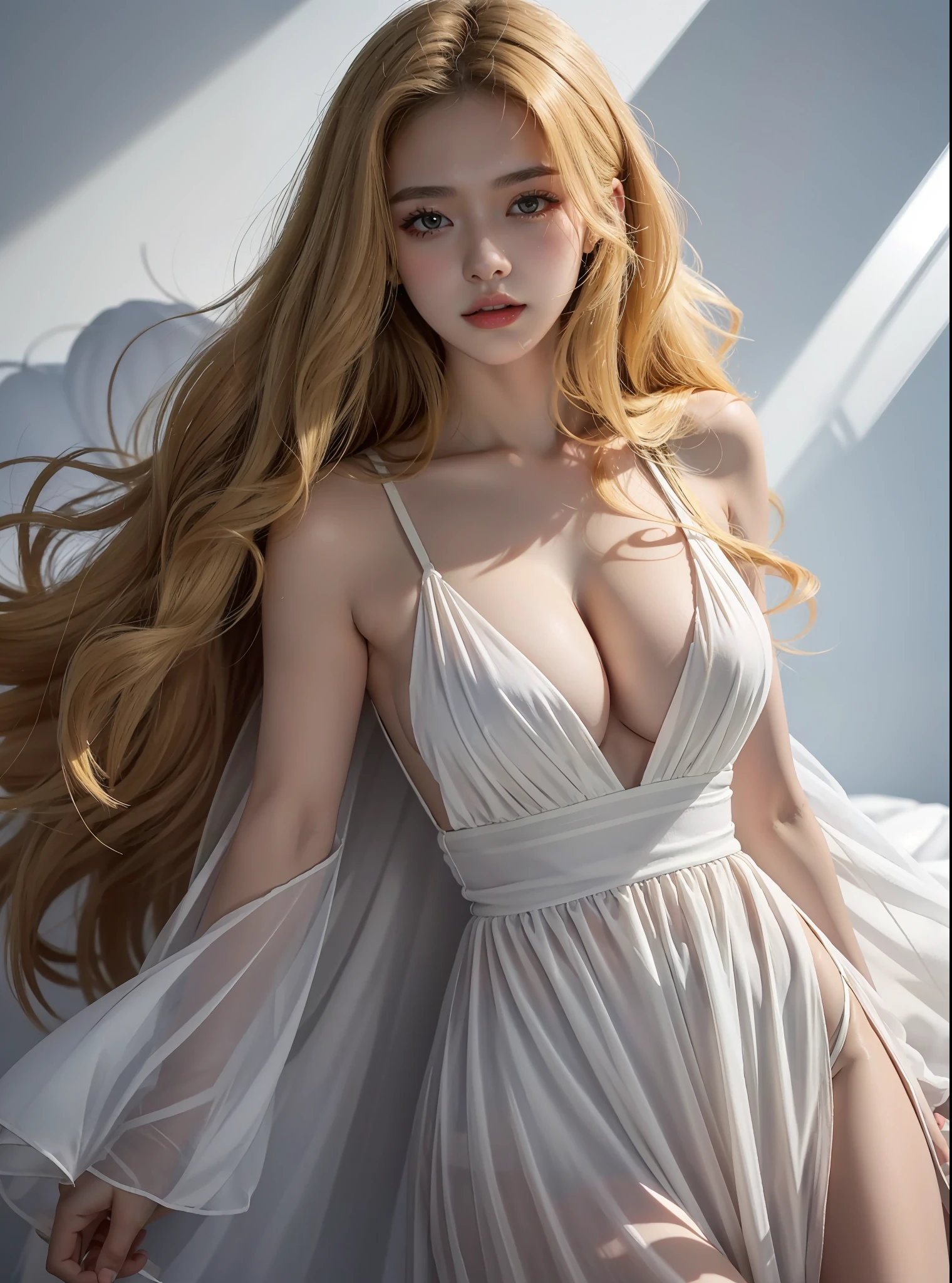 best qualtiy, tmasterpiece, 超高分辨率, (realisticlying:1.5), fully body photo, 1girll,(big cleavage breasts:1.3),Chiffon dress,Blonde hair