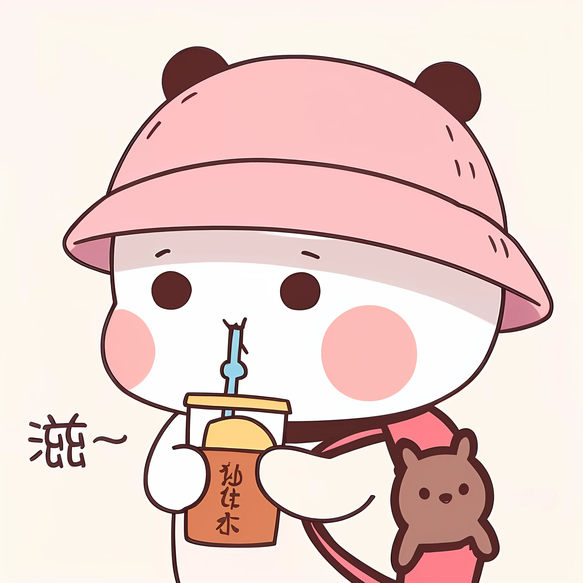 Cartoon bear with a cup of coffee and teddy bear, cute character, Cute:2, cutecore, drink boba tea, 🍁 Cute, Cartoon Cute, (in pink), Is ((drink a tea)), the cat is drinking tea, Middle metaverse, with a straw, wearing a cute hat, uwu